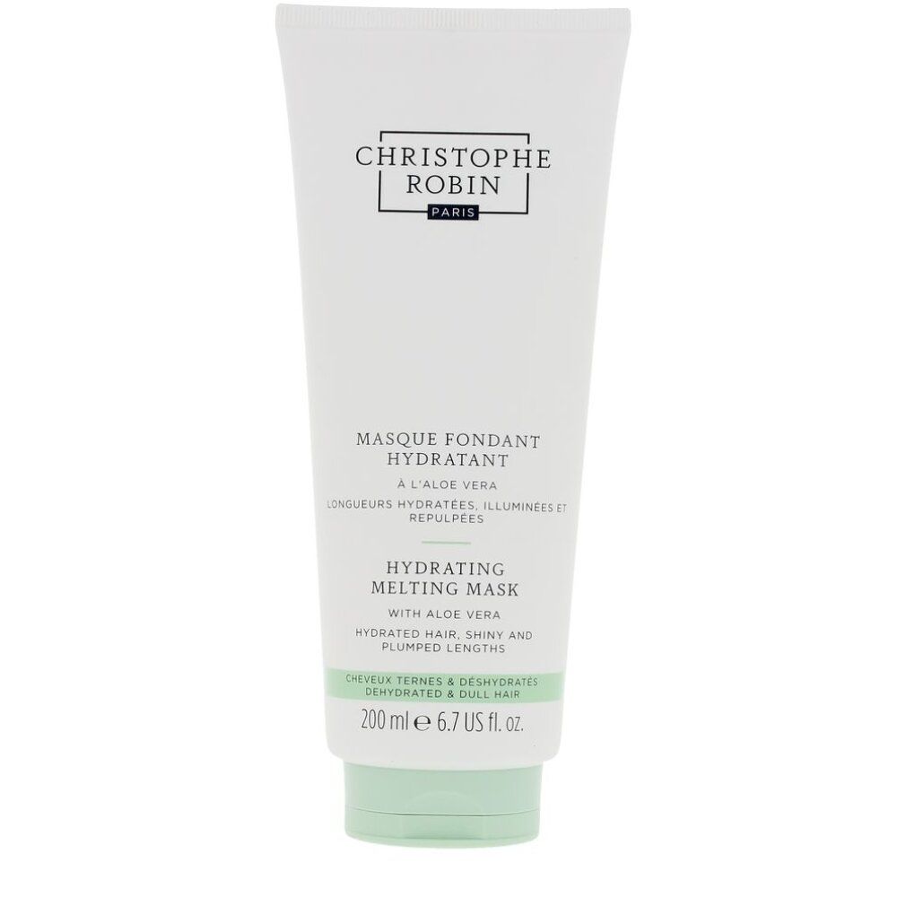 Weiße Tube mit grünem Deckel. Text: CHRISTOPHE ROBIN PARIS, Masque Fondant Hydratant, Hydrating Melting Mask, mit Aloe Vera. 200 ml.