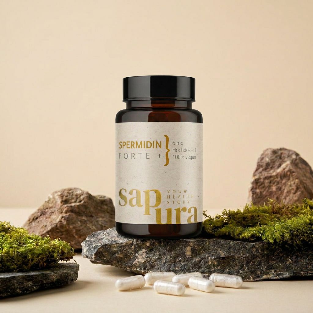 Flacon en verre brun avec capsules de Spermidine. Inscription : Spermidine Forte +, 6 mg, 100% végétalien. Logo SAPURA. Capsules à côté.