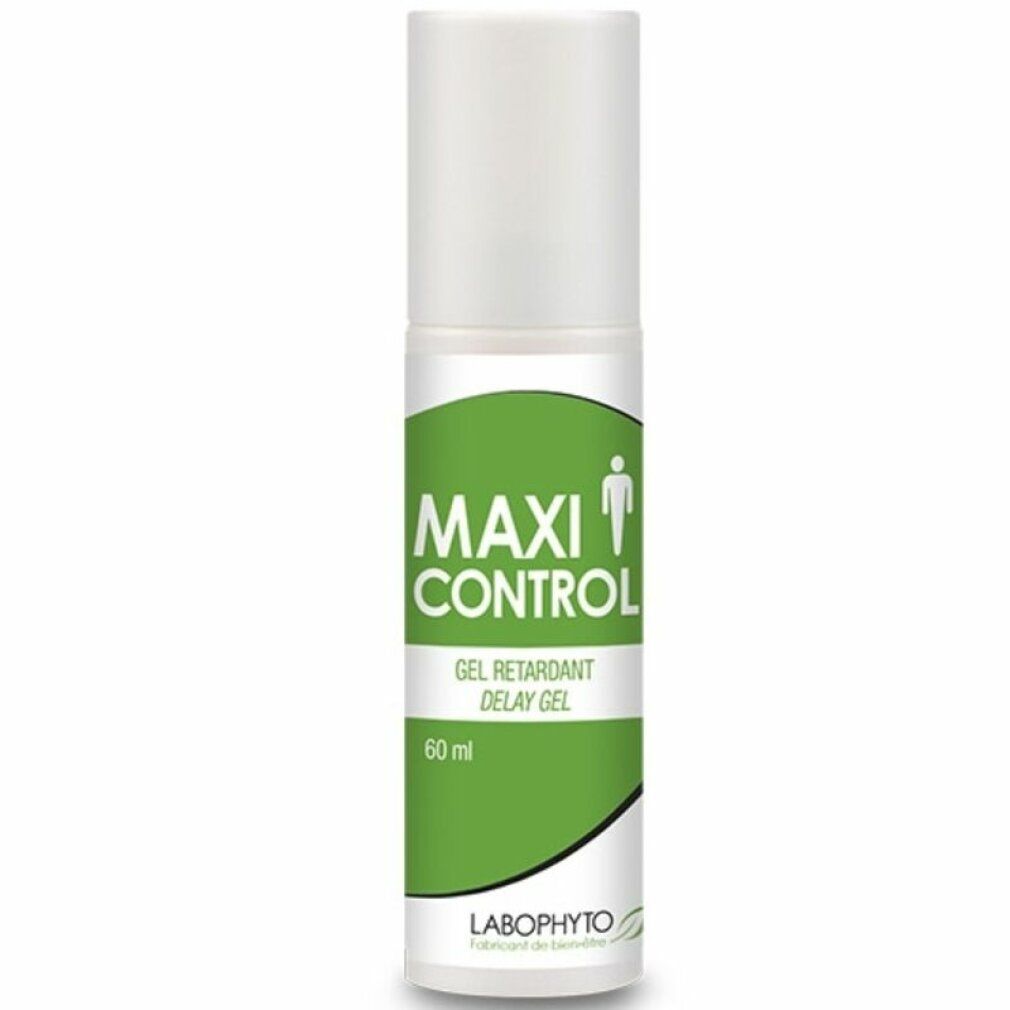 Weiße Flasche mit grünem Etikett. Aufschrift: MAXI CONTROL, Gel retardant. Logo Labophyto. 60 ml.