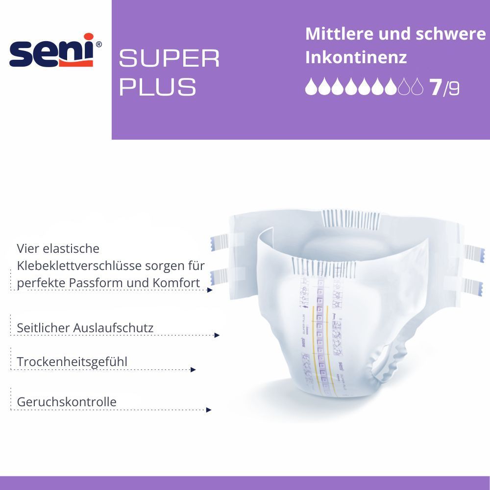 SENI Super Plus M Windel. Produkt mit Text und Illustrationen. Vier elastische Klettverschlüsse, Auslaufschutz.