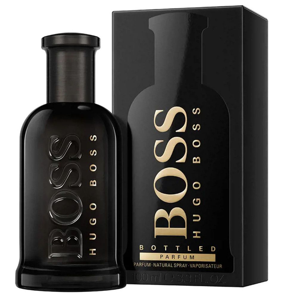 Bouteille en verre noir et emballage de parfum Boss Hugo Boss Bottled.