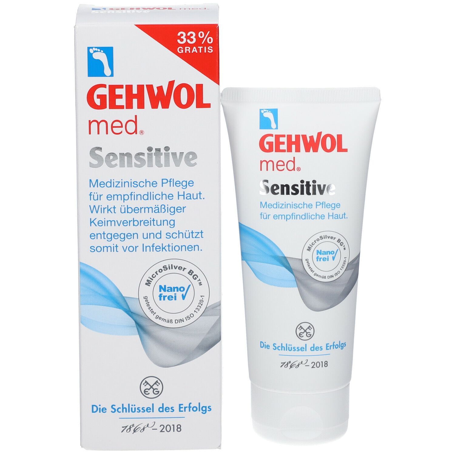 GEHWOL med Sensitive Crème. Tube et boîte. Blanc, bleu, rouge. Texte : Sensitive, MicroSilver BG, sans nano, 33% gratuit.