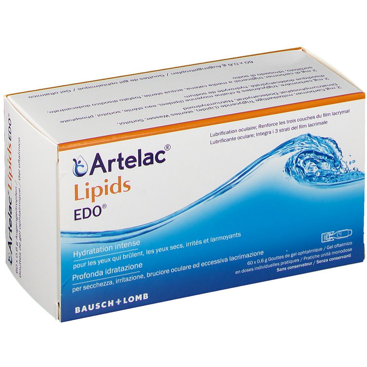 Boîte de gel ophtalmique Artelac Lipids EDO®. Carton blanc avec vague bleue et nom du produit. Accent orange.