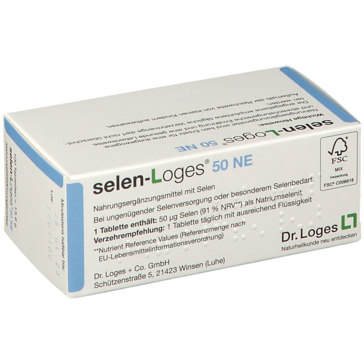 Boîte "selen-Loges 50 NE". Inscription : Complément alimentaire. Logo "Dr. Loges". Label FSC.