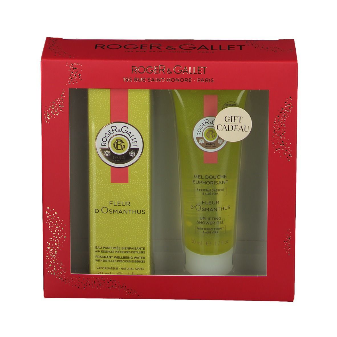 Geschenkset mit roter Verpackung. Enthält eine Flasche und eine Tube mit Produktnamen und Logo. Mit Sichtfenster.