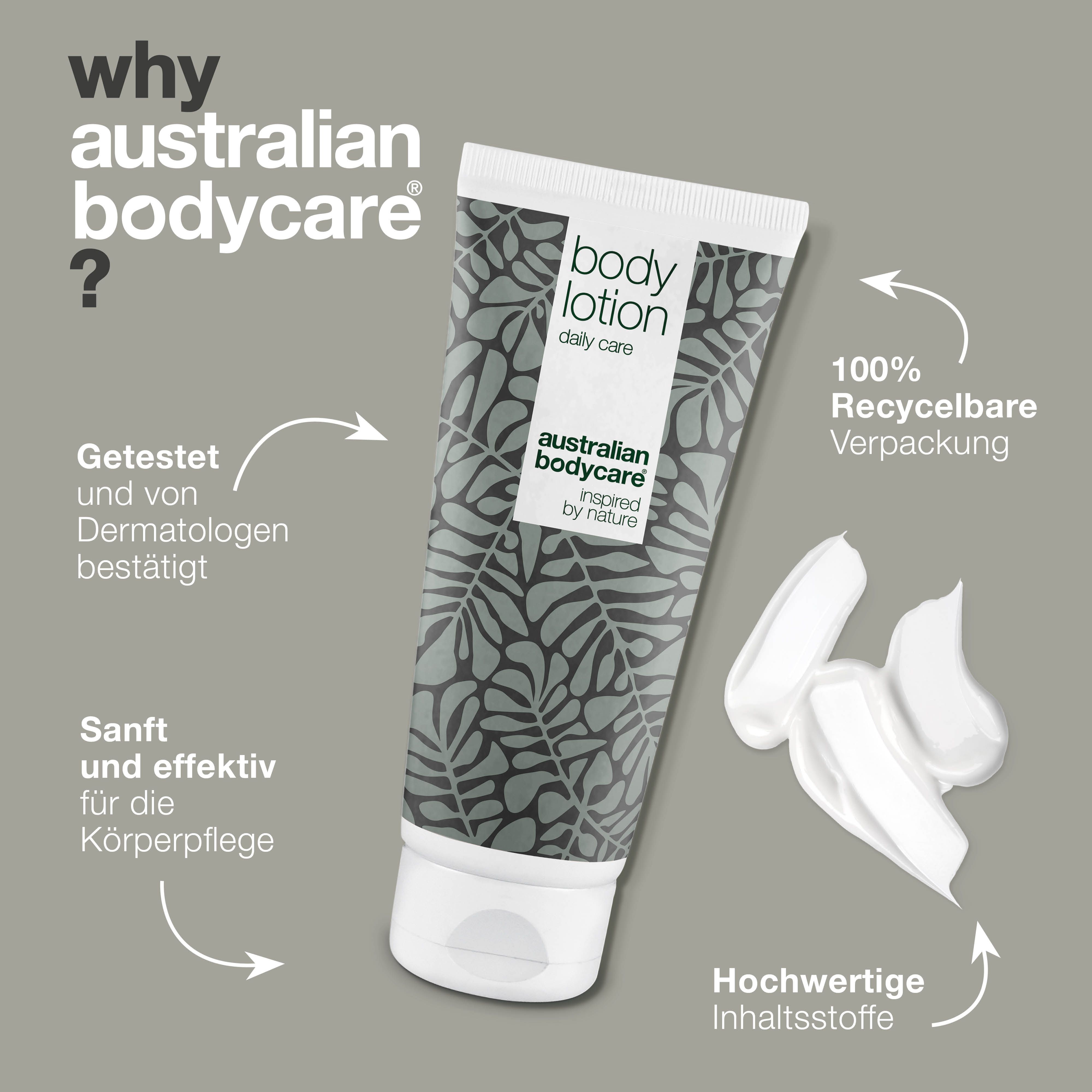 Tuben-Produkt. Aufschrift: body lotion, daily care. Logo: Australian Bodycare. Text: Gegen unreine und trockene Haut sowie Pickel.