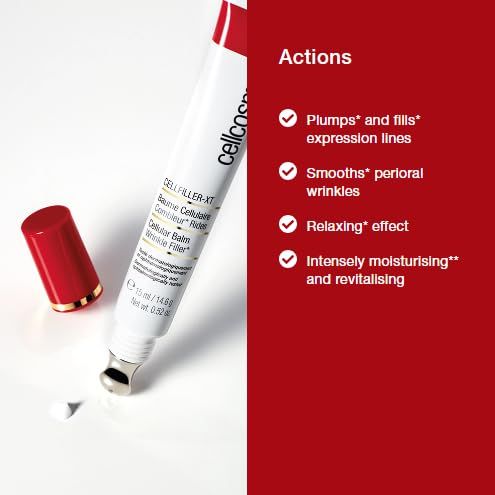 Tube avec bouchon rouge et applicateur. Texte: Cellcosmet Cellfiller-XT. Sur fond rouge: liste des actions.