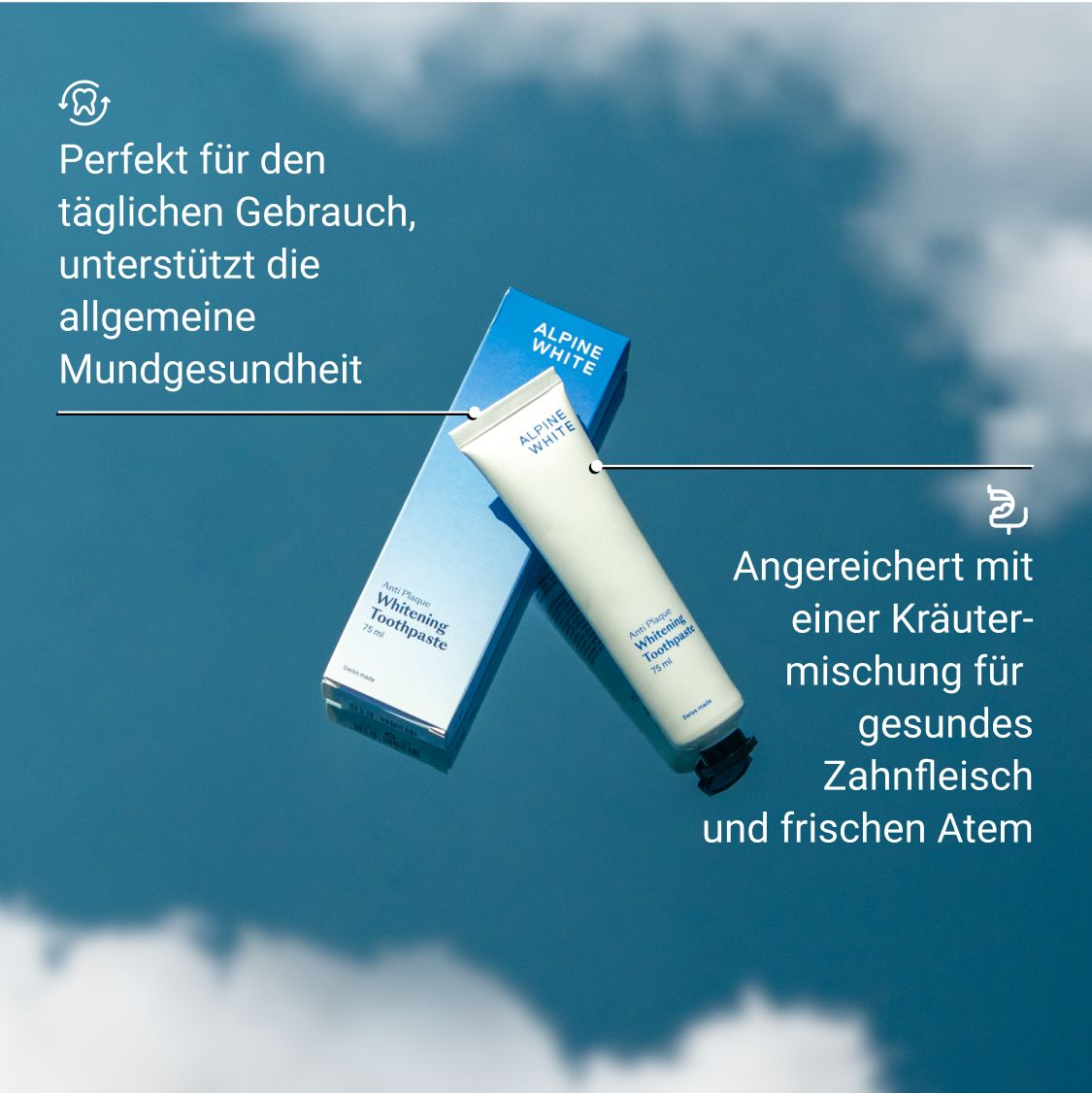 Zahnpasta-Tube und Schachtel. Text: ALPINE WHITE Whitening Toothpaste. Unterstützt Mundgesundheit, Kräutermischung.