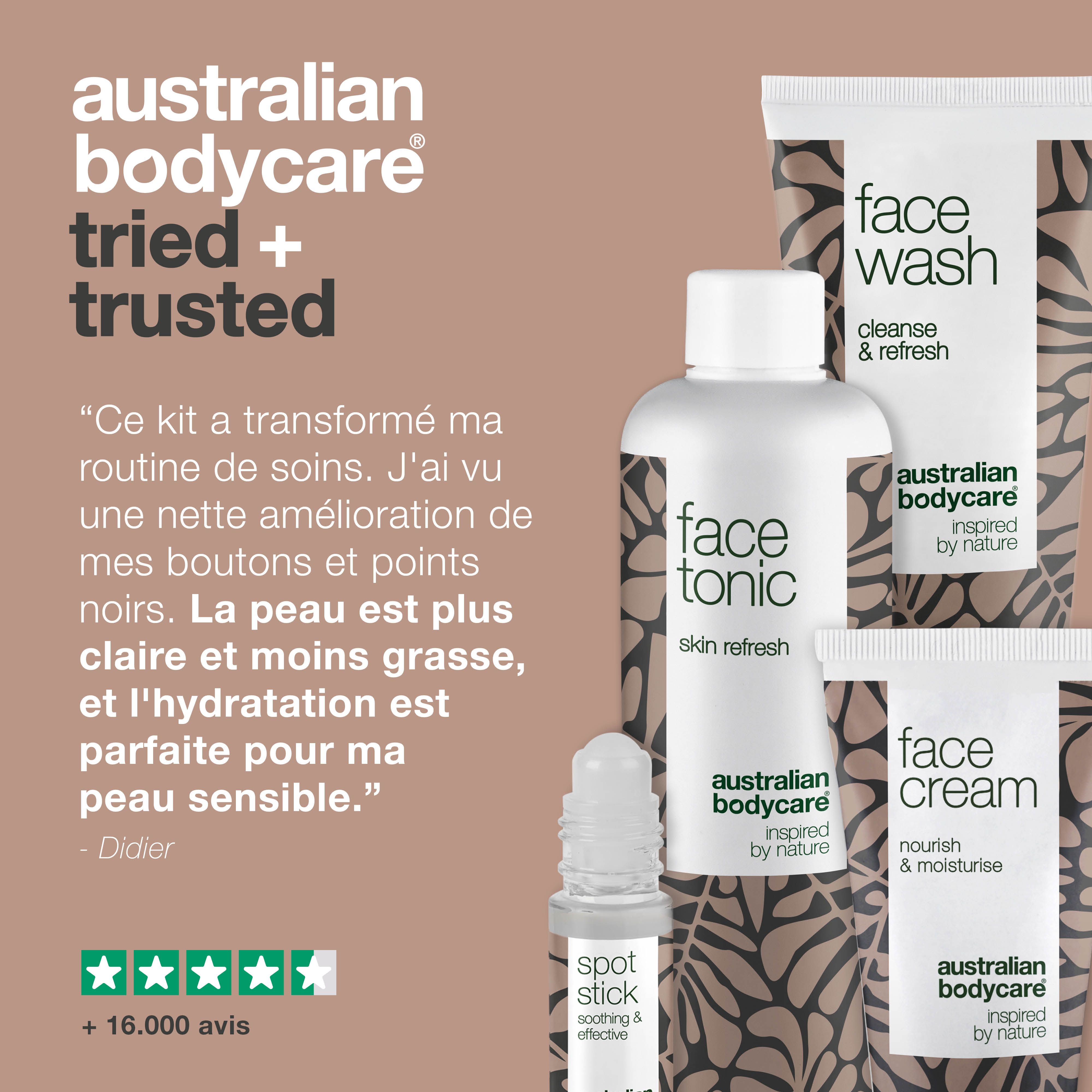Ensemble Face Wash, Face Tonic, Face Cream et Spot Stick. Texte: Australian Bodycare tried + trusted. Citations et étoiles.