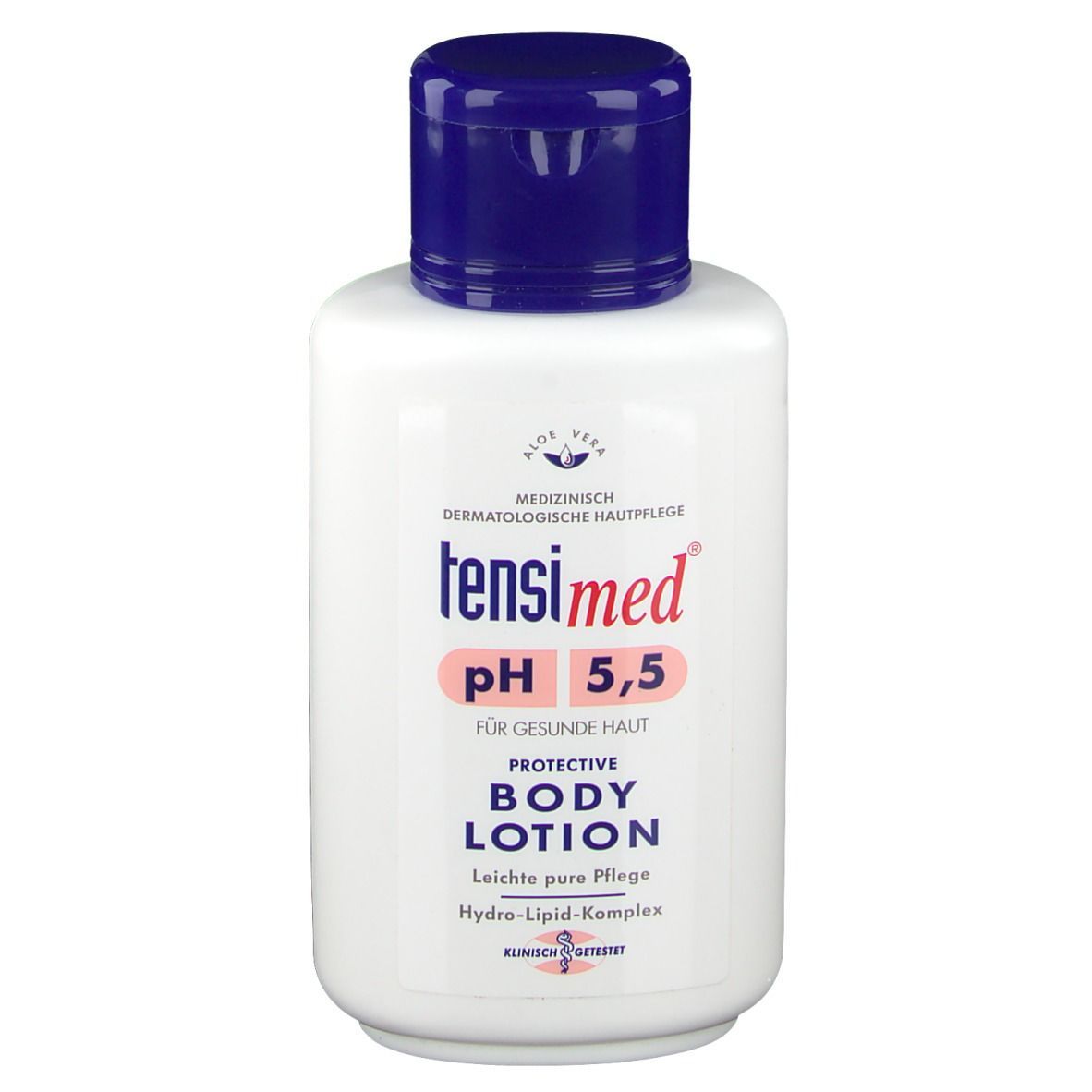 Weiße Flasche mit blauem Deckel. Aufschrift: tensimed pH 5,5 Protective Body Lotion. Medizinische Hautpflege.