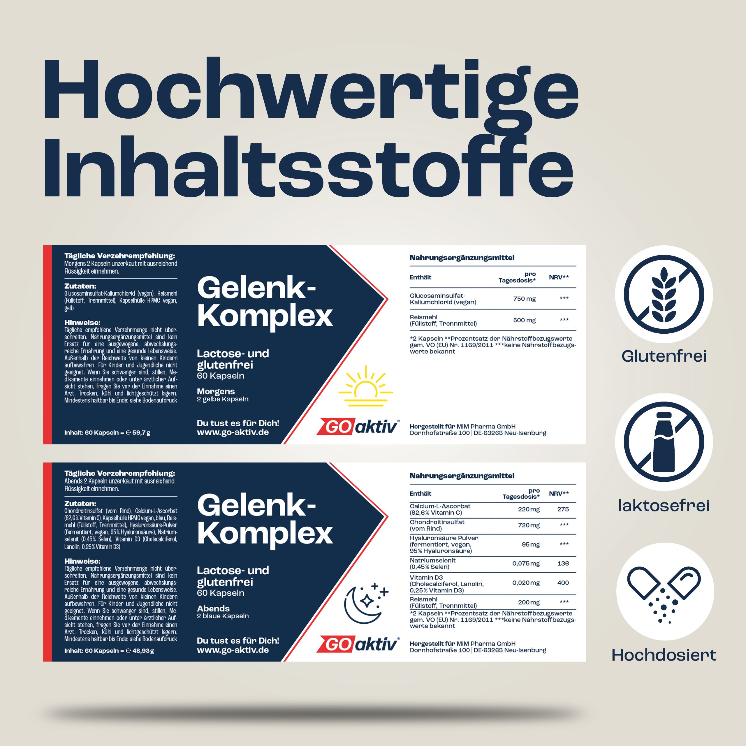 Zwei Packungen GOaktiv® Gelenk-Komplex. Aufschrift: Gelenk-Komplex, lactose- und glutenfrei. Hochwertige Inhaltsstoffe. Glutenfrei, laktosefrei.