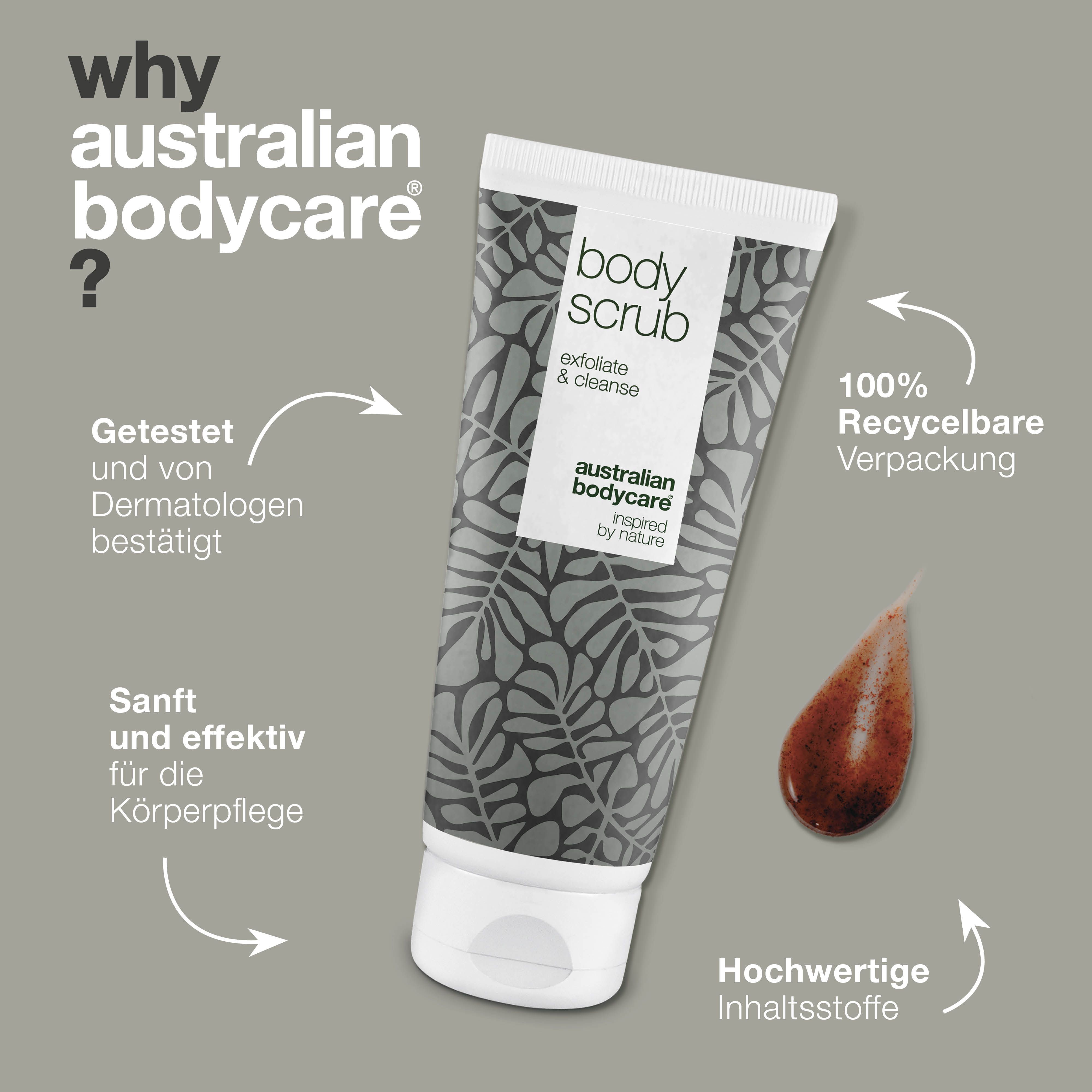 Tube Body Scrub. Text: Australian Bodycare, Body Scrub, Exfoliate & cleanse. Text: Getestet und von Dermatologen bestätigt.