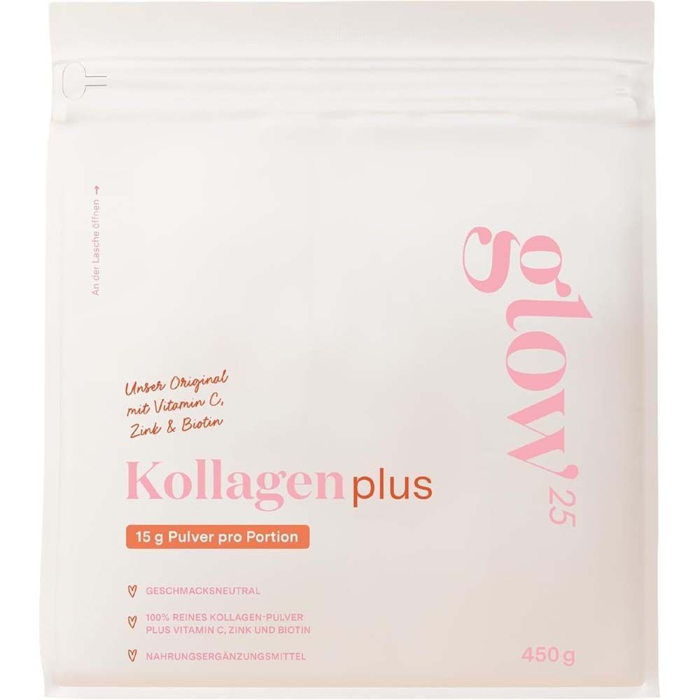 Weißer Beutel mit Glow25® Kollagen plus. Enthält Vitamin C, Zink und Biotin. 450g. Geschmacksneutrales Pulver.