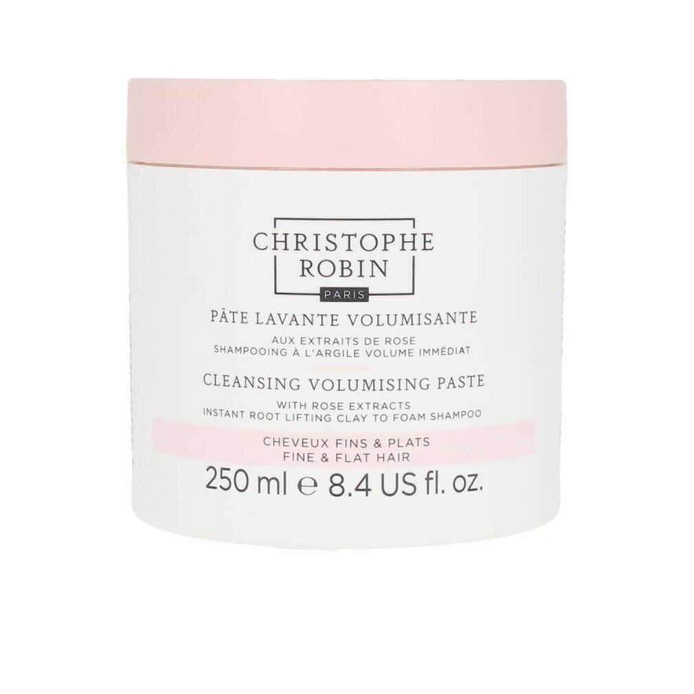 Runde Dose mit rosa Deckel. Aufschrift: Christophe Robin Paris. Pâte Lavante Volumissante. 250 ml.