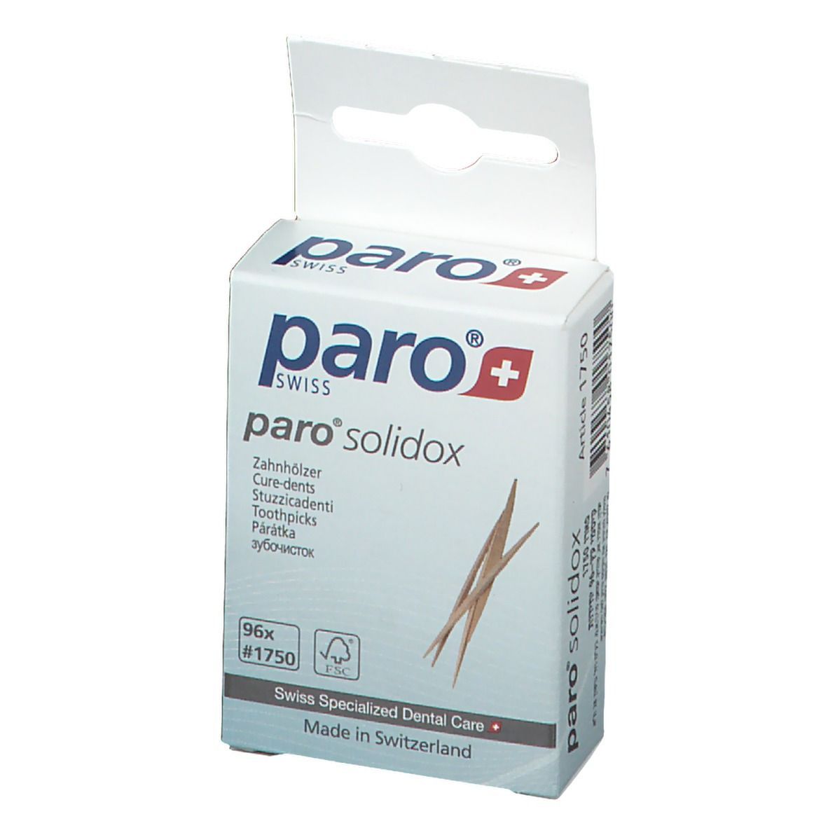 Boîte paro® solidox. Blanche, logo, nom du produit et cure-dents. 96 pièces, numéro d'article.