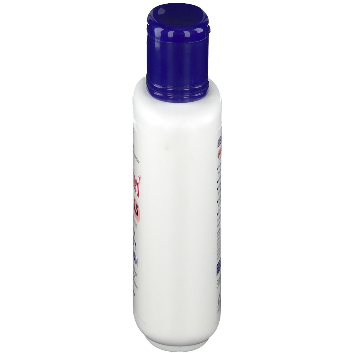 Weiße Flasche mit blauem Deckel, Seitenansicht. Aufschrift teilweise sichtbar. Produktname: tensimed Body Lotion.