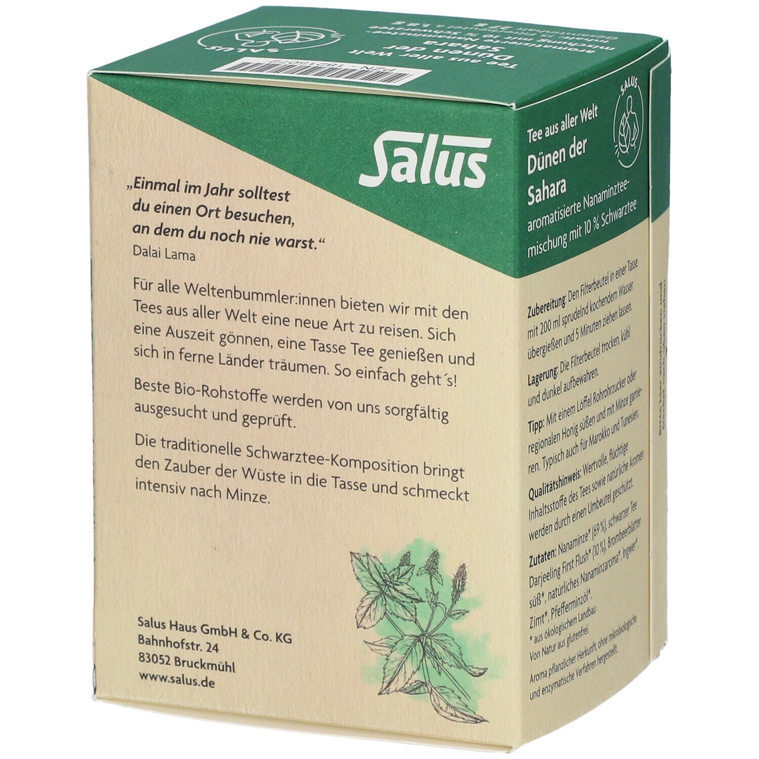 Boîte de thé Salus. Dos : nom du produit, texte, logo, label bio, adresse.