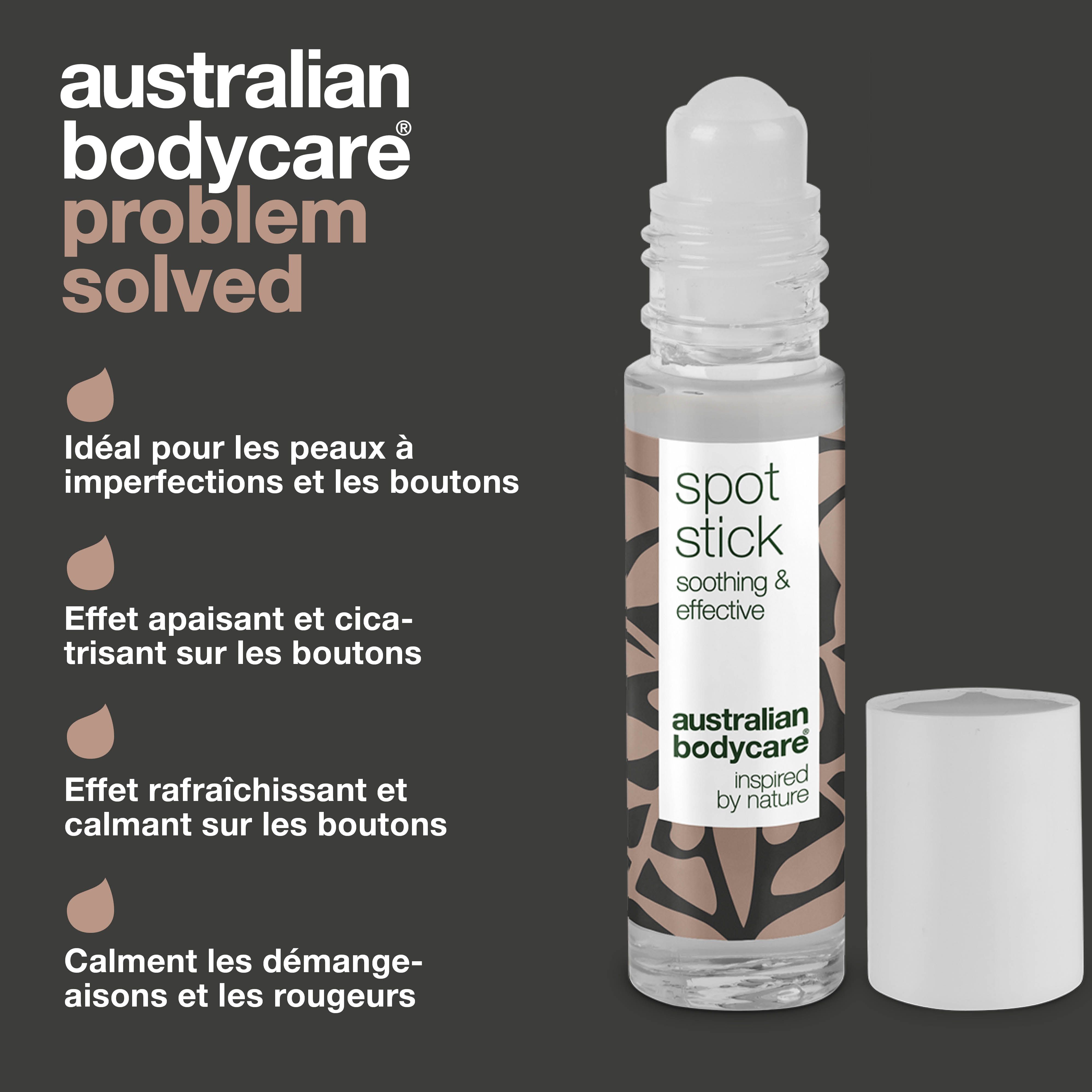 Roll-on avec bouchon blanc. Inscription : Spot Stick, soothing & effective, Australian Bodycare.