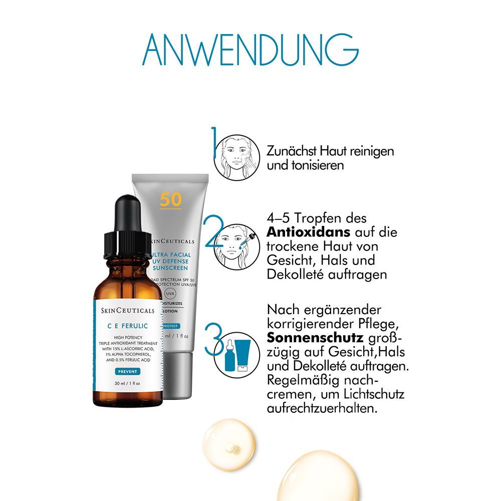 Instructions d'utilisation. Une bouteille de C E Ferulic, un tube de protection solaire et une femme appliquant les produits.