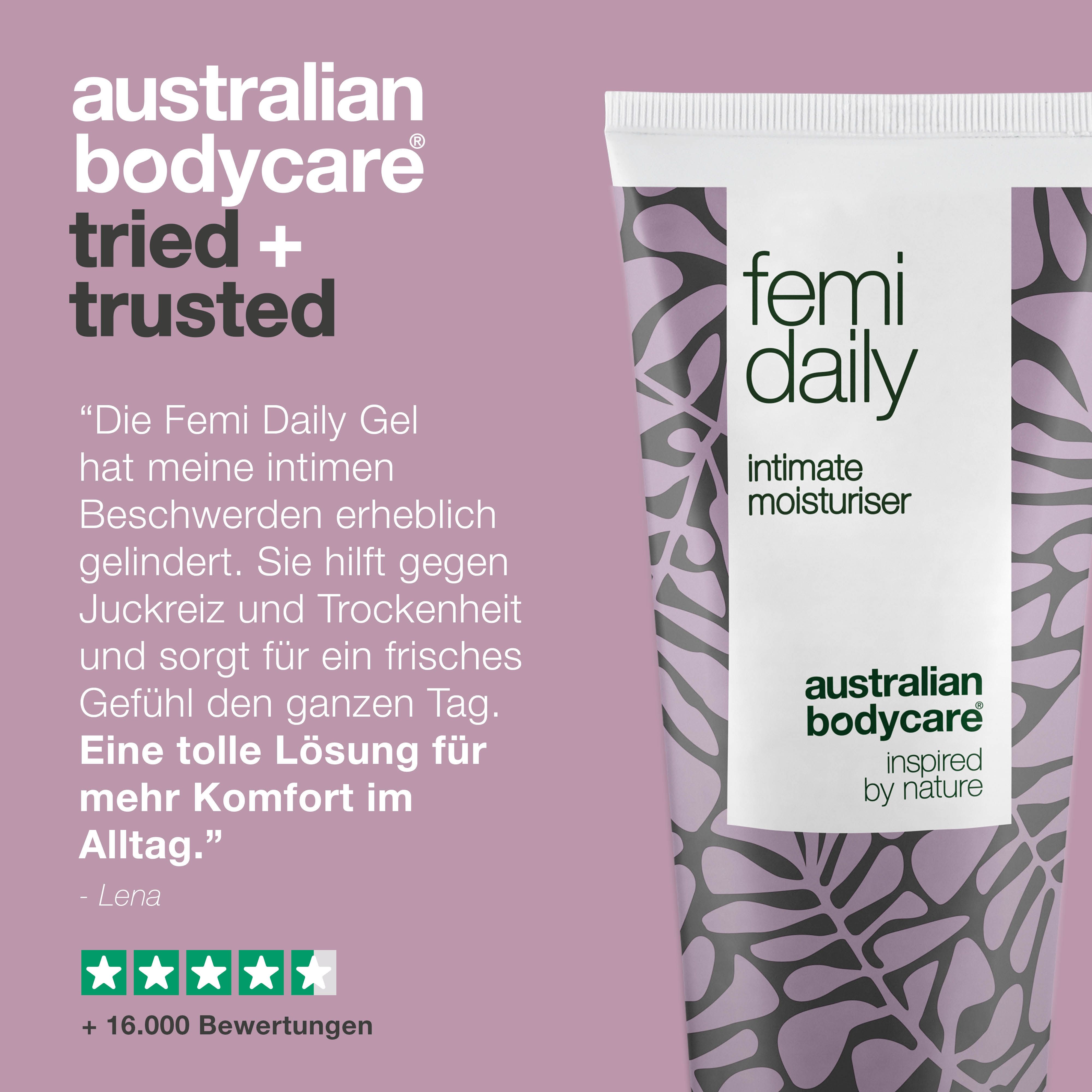 Testimonial. Tube Femi Daily, Intimate Moisturiser, Australian Bodycare. Text: Zitat, 5 Sterne, +16.000 Bewertungen.