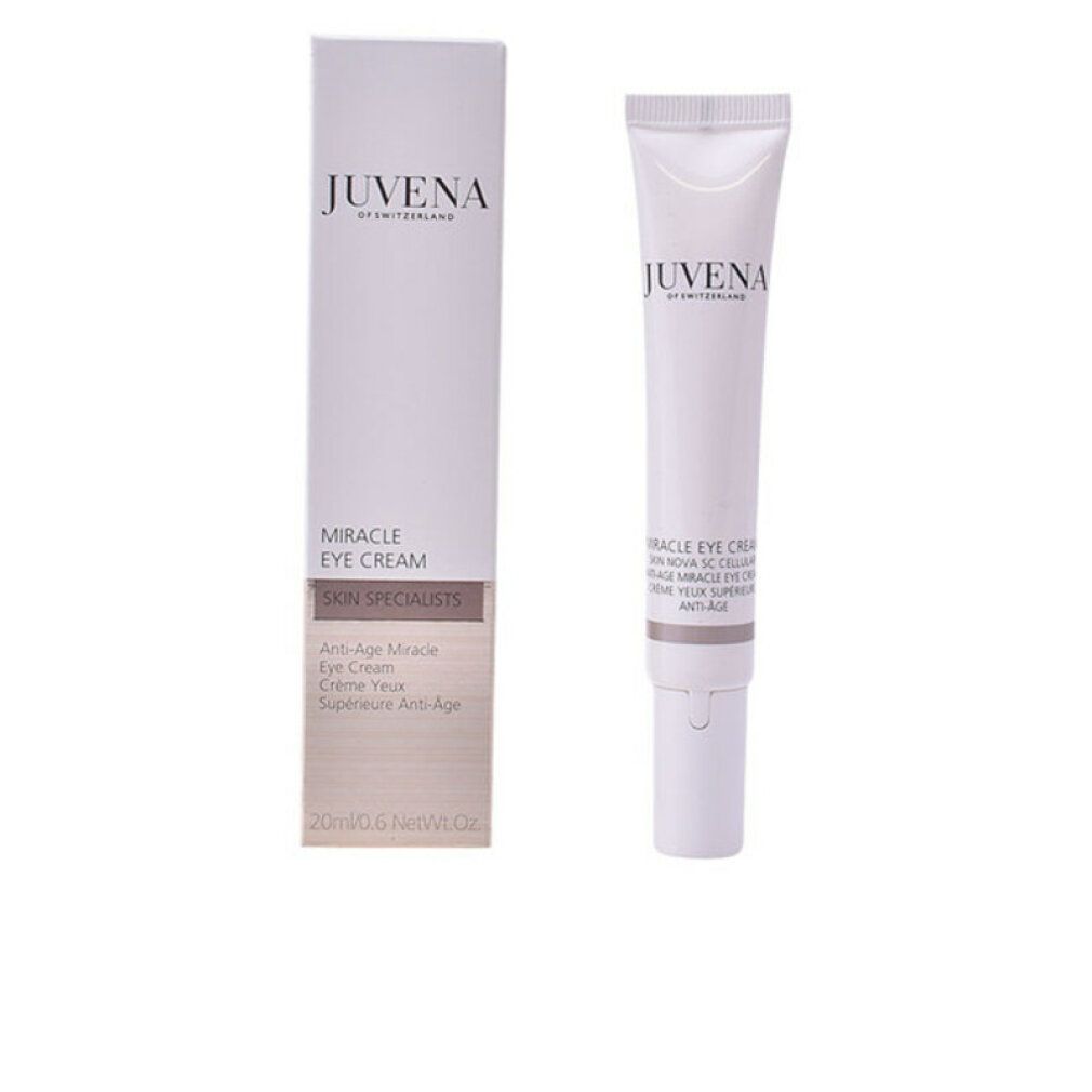 Weiße Tube und Schachtel. Aufschrift: Juvena Miracle Eye Cream. 20ml. Skin Specialists.
