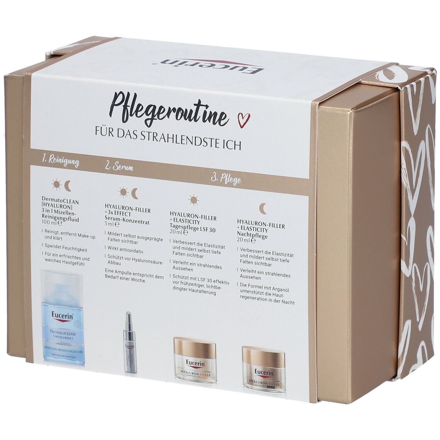 Coffret cadeau Eucerin. Contient bouteille, sérum et crèmes. Inscription: Routine de soins. Dos avec descriptions des produits.