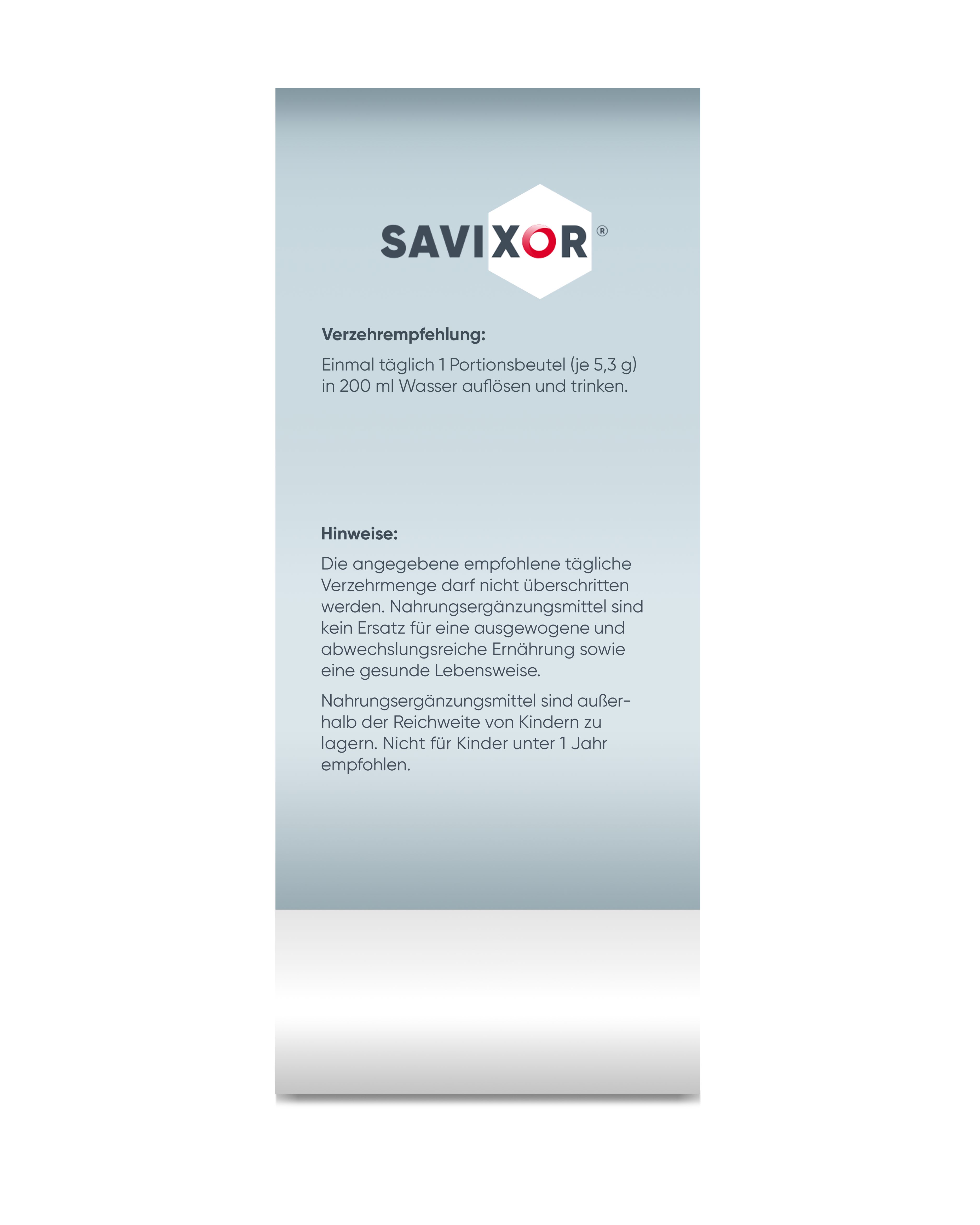 Savixor-Produktverpackung. Enthält Informationen zur Dosierung: 1 Beutel in 200 ml Wasser auflösen. Hinweise und Warnhinweise.