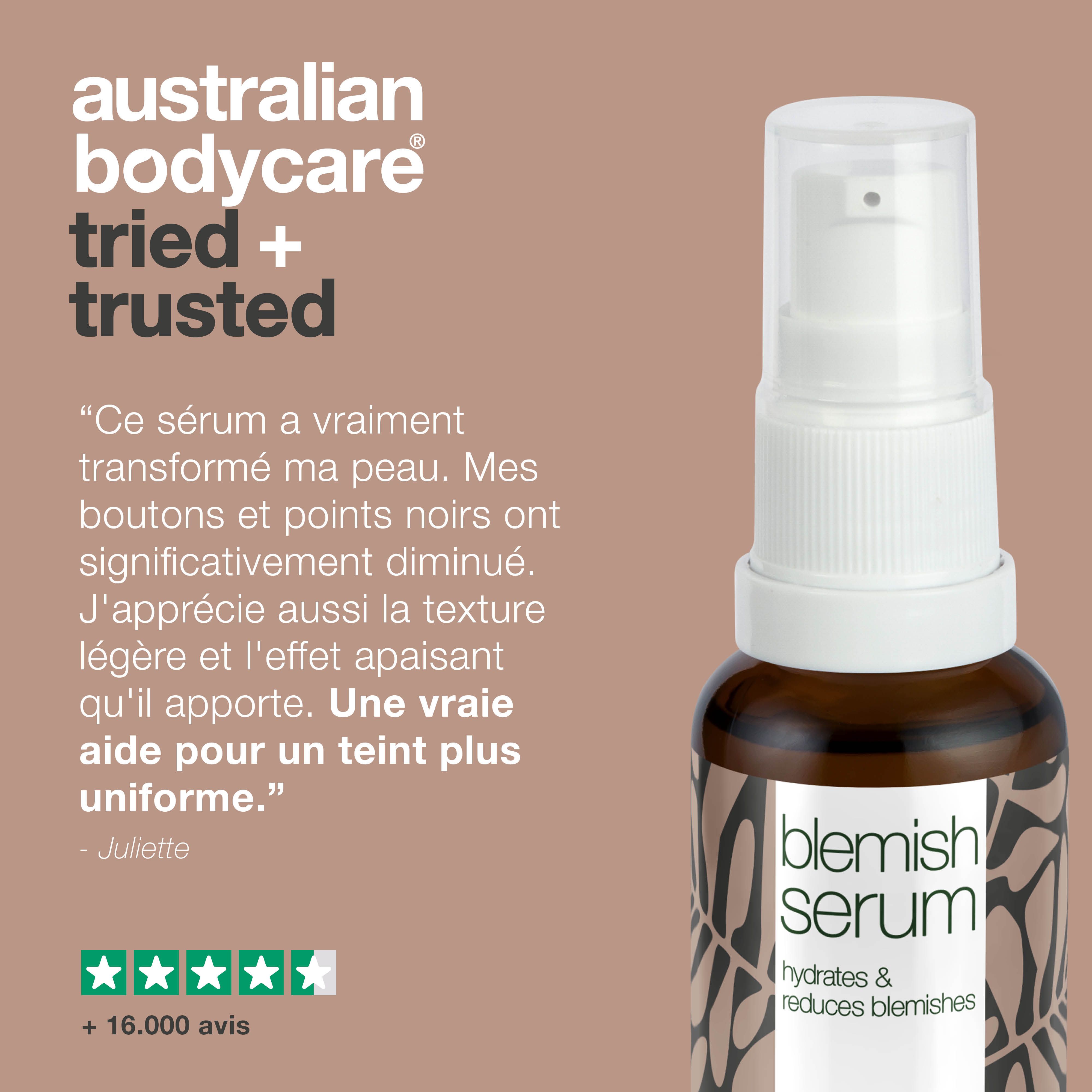 Flacon de Blemish Serum avec texte. Inscription : Blemish Serum, hydrate & réduit les imperfections. Marque : Australian Bodycare.