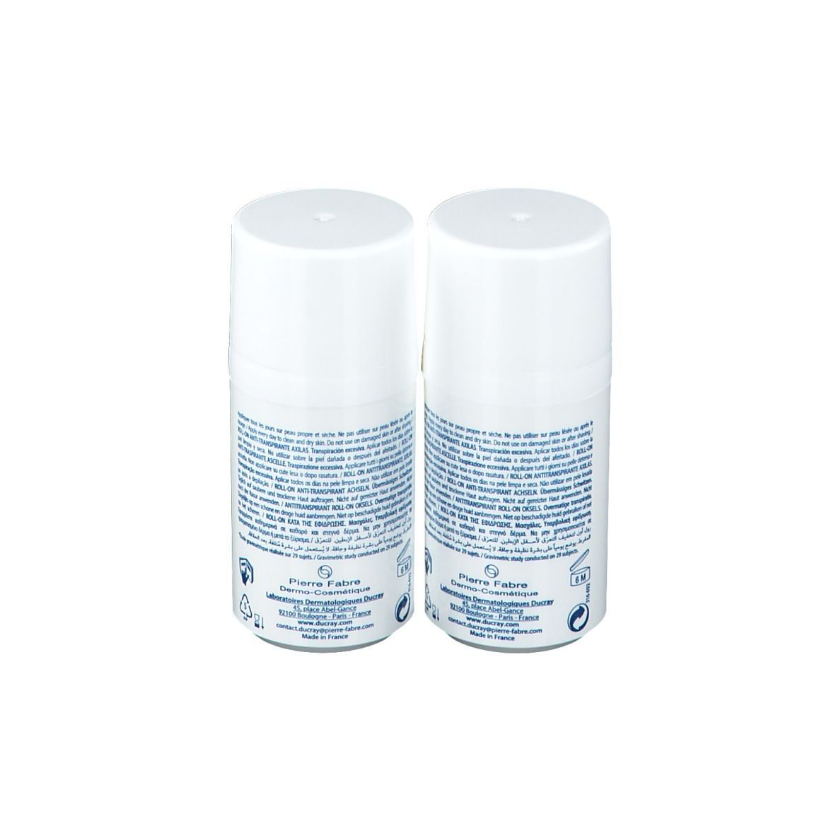 Deux flacons roll-on blancs. Texte au dos. Inscription: Pierre Fabre.