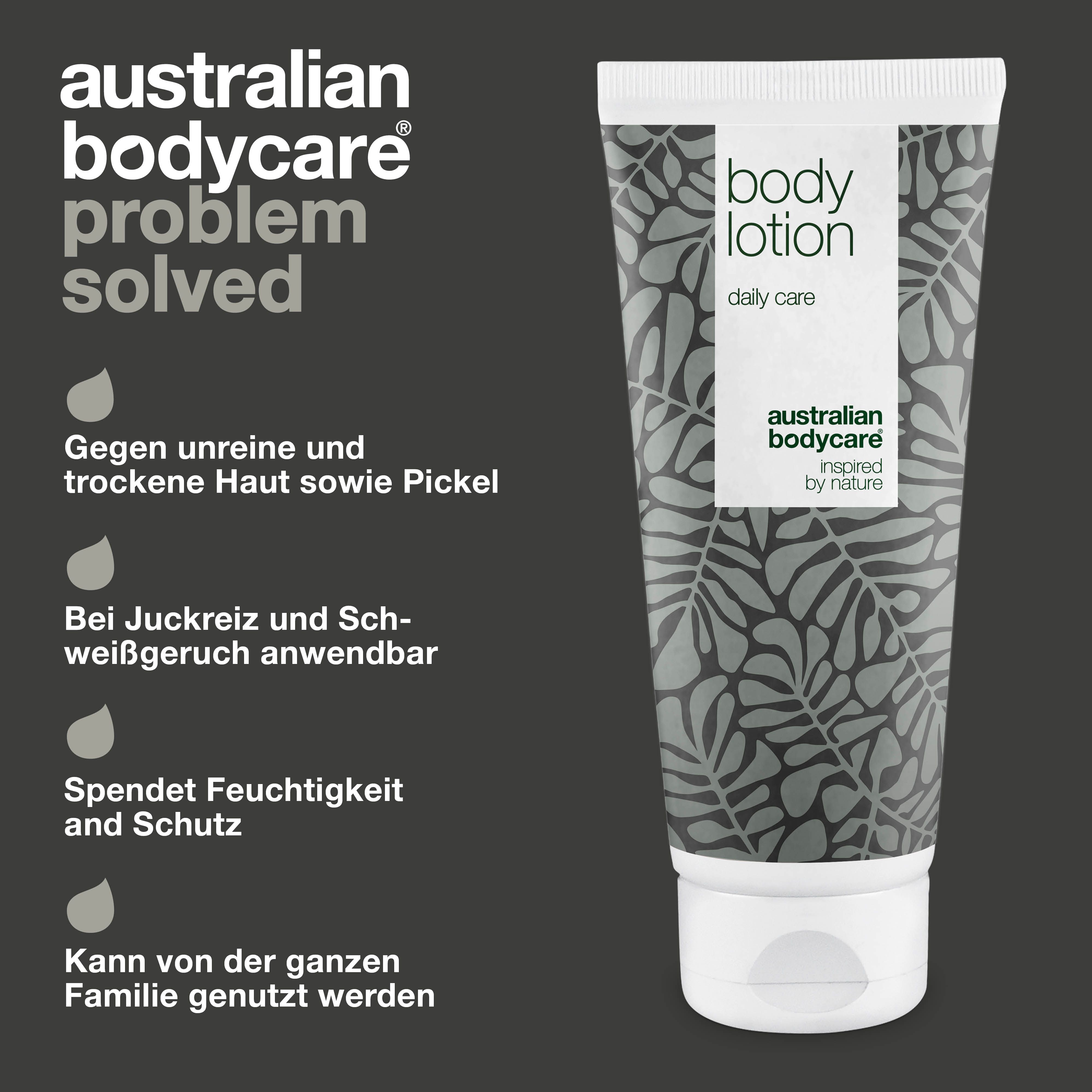 Tuben-Produkt. Aufschrift: body lotion, daily care. Logo: Australian Bodycare. Text: trockene Haut, Juckreiz, Pickel, unreine Haut.