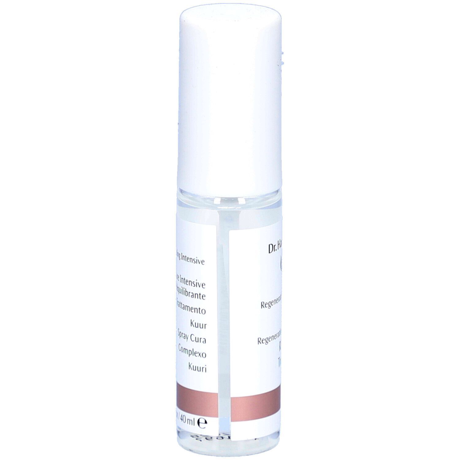 Flacon spray transparent avec bouchon blanc. Inscription: Regenerating Intensive, Spray Cura, 40ml.