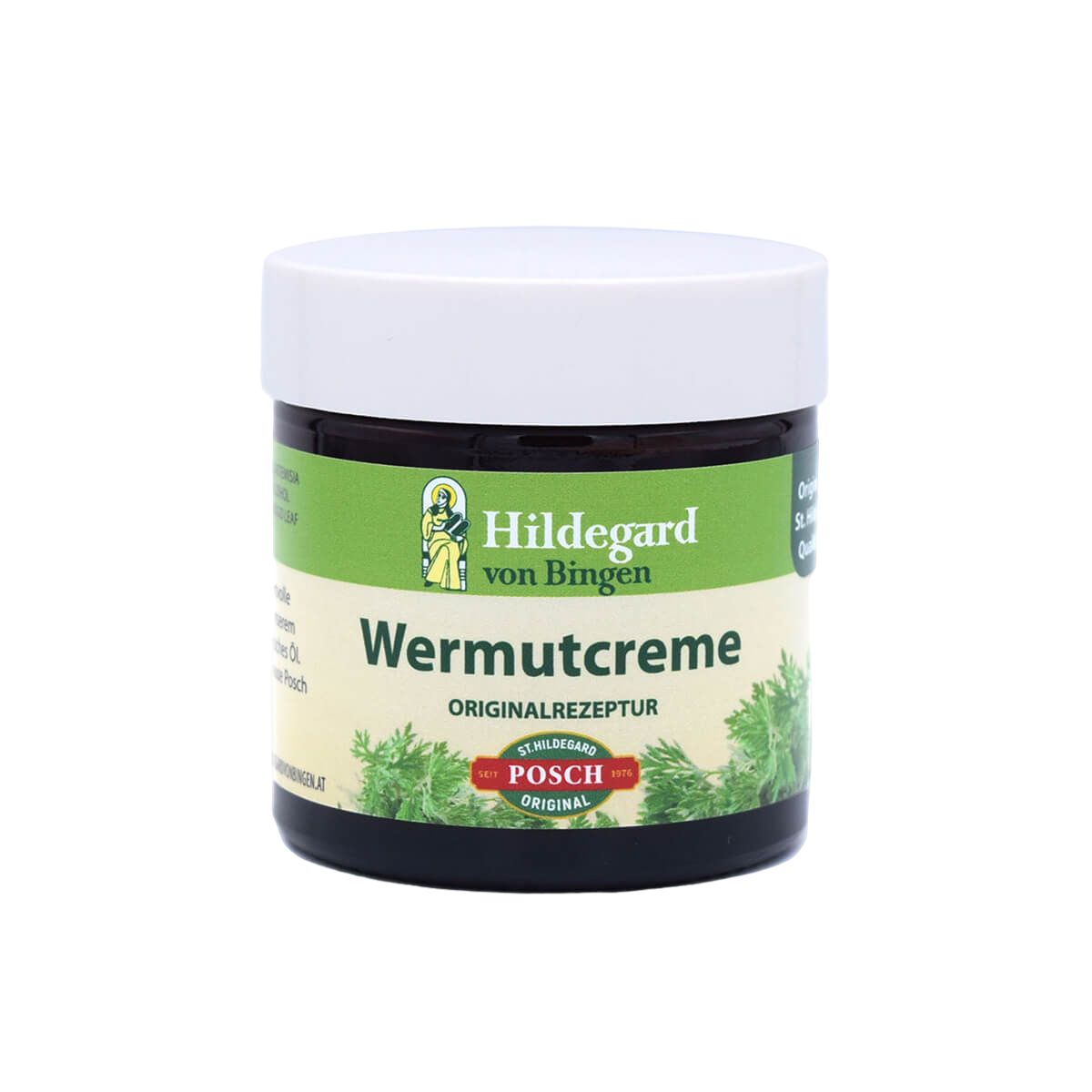 Braune Creme in einem runden Tiegel mit weißem Deckel. Aufschrift: Hildegard von Bingen, Wermutcreme, Originalrezeptur. Logo: POSCH.