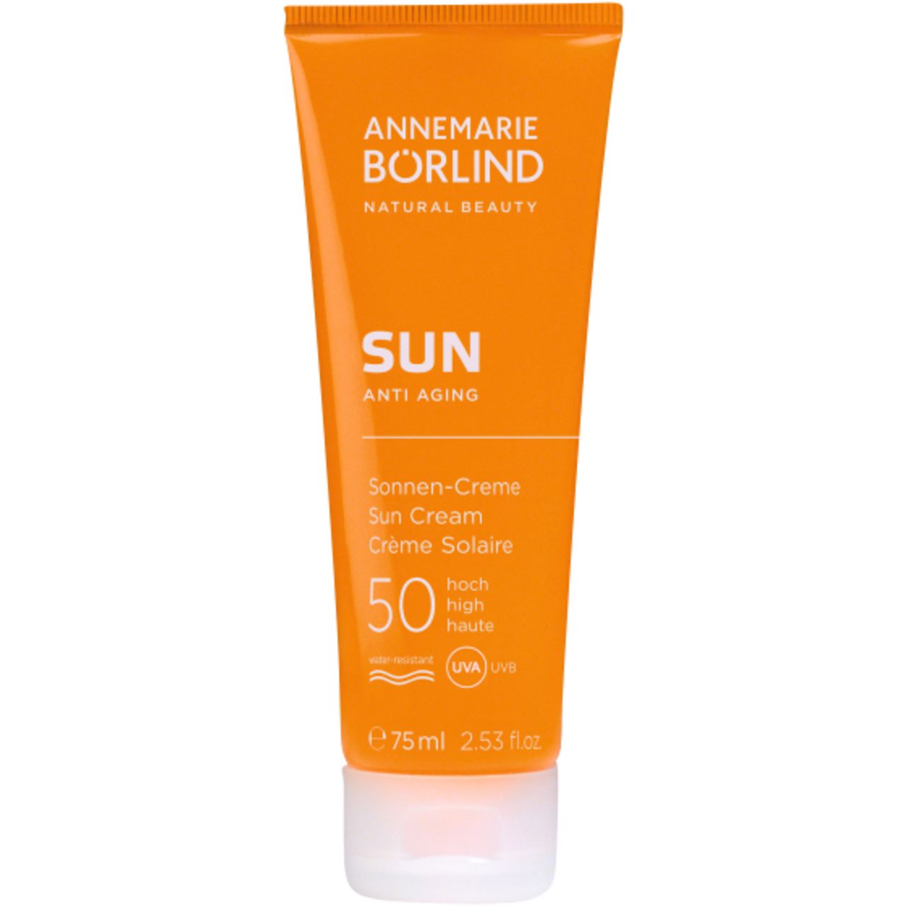 Orange Tube Sonnencreme. Text: ANNEMARIE BÖRLIND SUN Anti-Aging, LSF 50. Wasserfest. 75 ml.