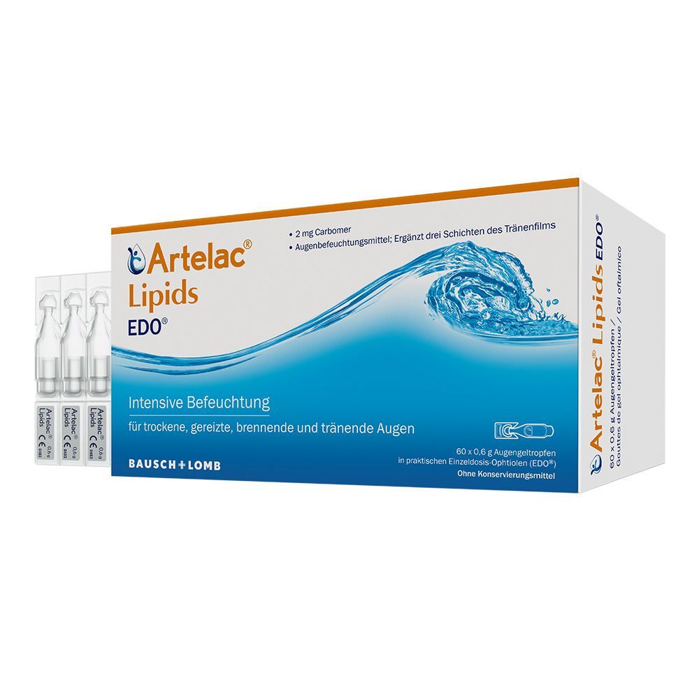 Boîte de gel ophtalmique Artelac Lipids EDO® avec doses individuelles. Carton blanc avec vague bleue et nom du produit. Accent orange.
