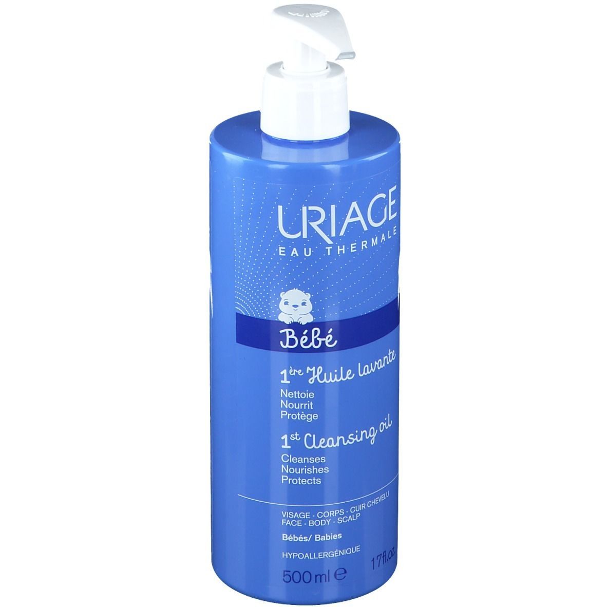 Blaue Flasche mit weißem Pumpverschluss. Uriage Bébé 1er Huile lavante. Für Gesicht, Körper und Kopfhaut. 500ml.