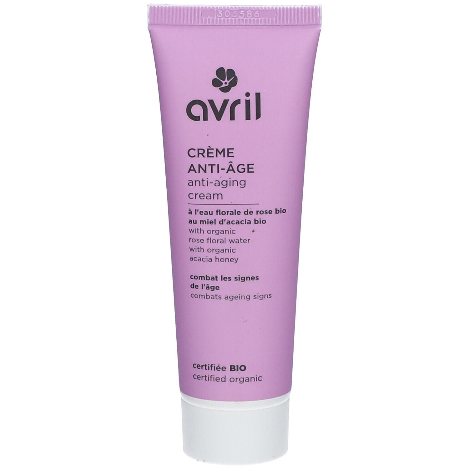 Rosa Tube mit weißem Verschluss. Aufschrift: Avril, Crème Anti-Âge, zertifiziert BIO.