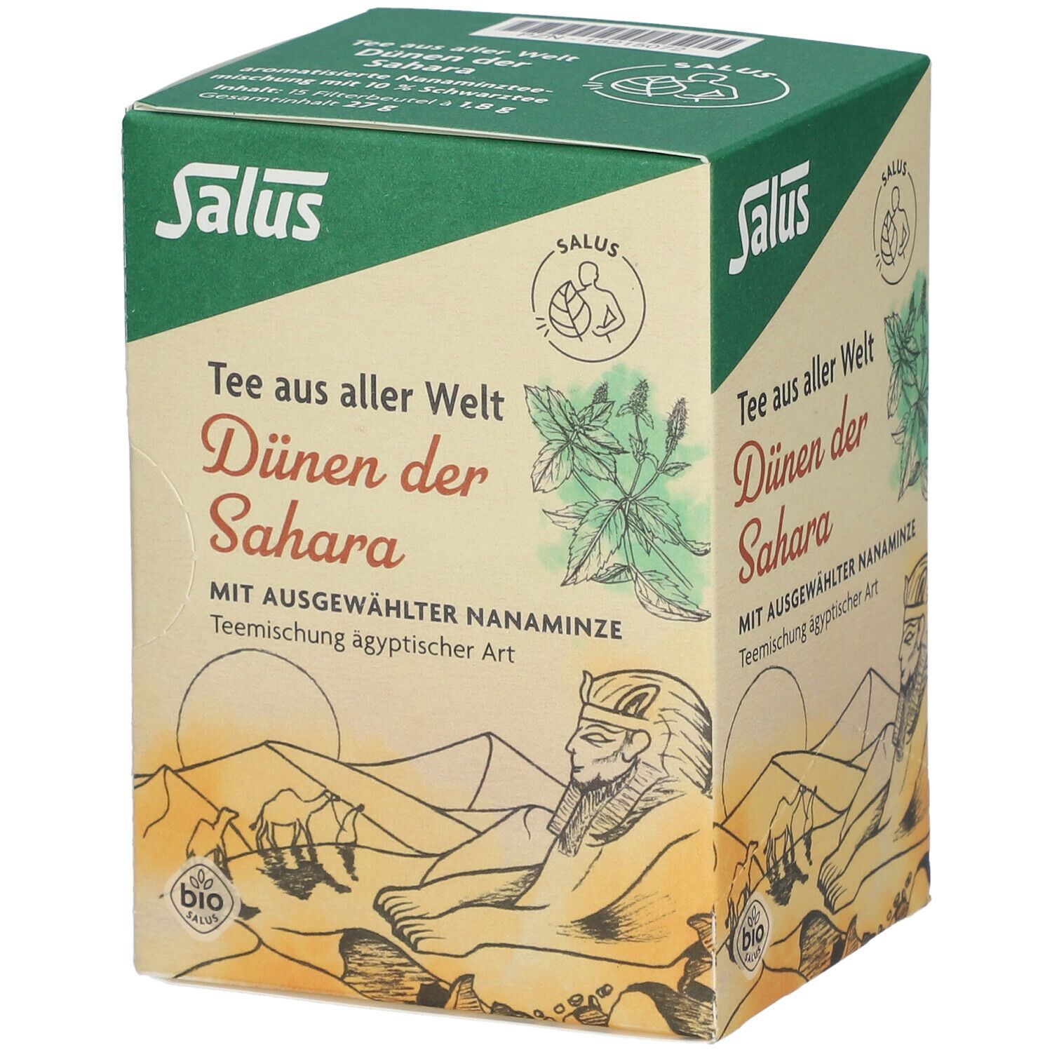 Boîte de thé Salus Dünen der Sahara. Face avant : logo, nom du produit, illustration désert et pharaon, label bio.