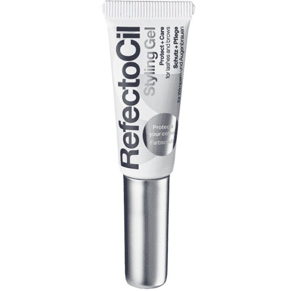 Tube Styling Gel mit silberner Kappe. Produktname und Text auf weißem Hintergrund. Für Wimpern & Brauen.