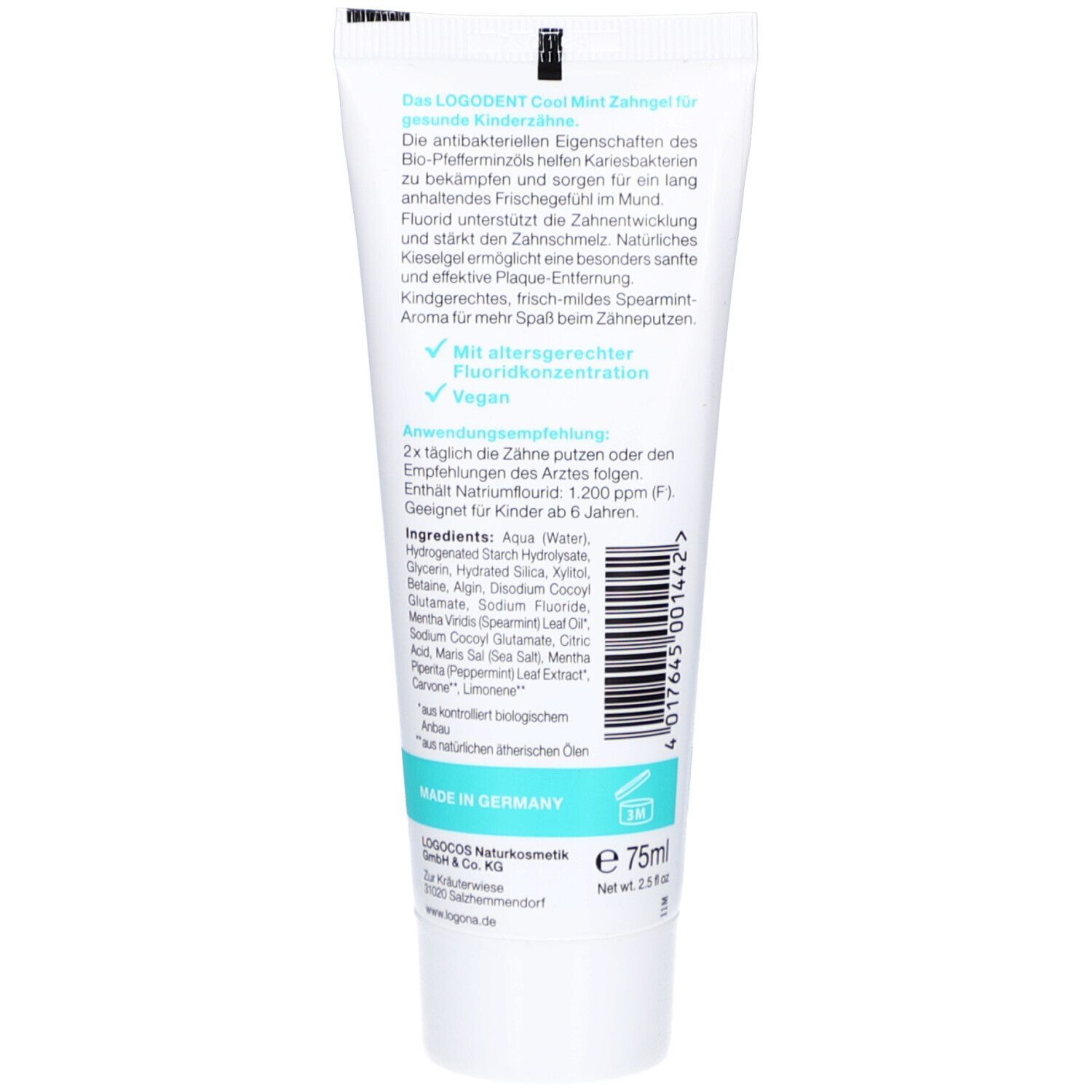 Dos du tube de gel dentaire. Paragraphes de texte avec ingrédients, instructions d'utilisation et informations du fabricant. Contient un label végétalien.