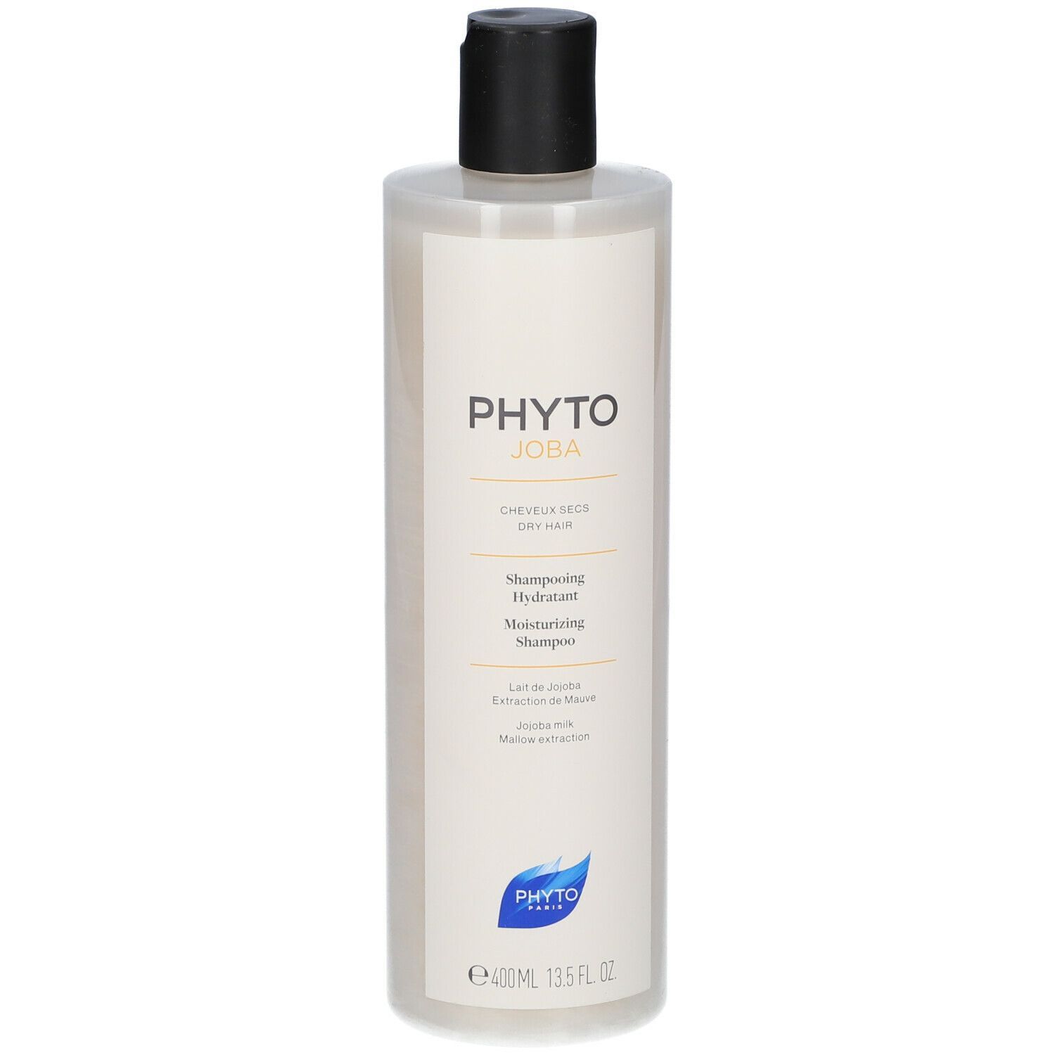 Flacon de shampooing beige à bouchon noir. Inscription: PHYTO JOBA, Cheveux Secs, Shampooing Hydratant, 400ml.