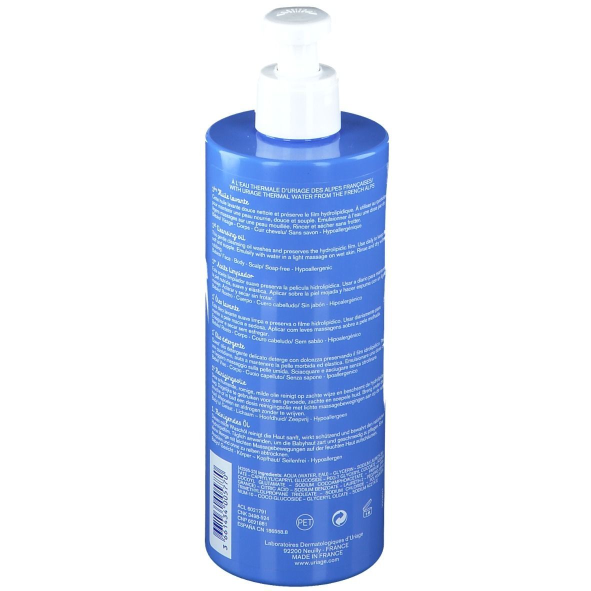 Blaue Flasche mit weißem Pumpverschluss. Rückseite mit Text in mehreren Sprachen. Enthält Thermalwasser aus den französischen Alpen.