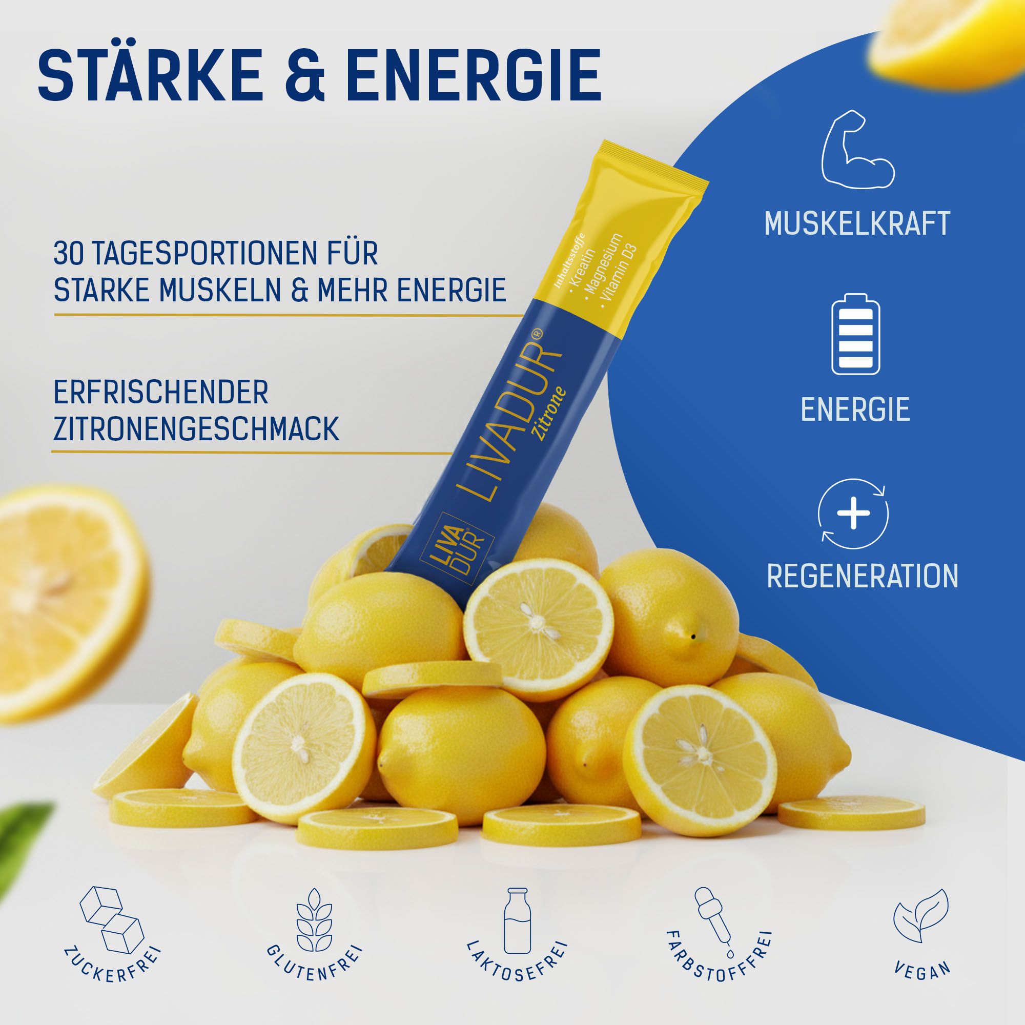 Zitronen und ein Stick LIVADUR® Zitrone. Aufschrift: Kreatin, Magnesium, Vitamin D3. Text: Stärke & Energie, 30 Tagesportionen, erfrischender Geschmack.