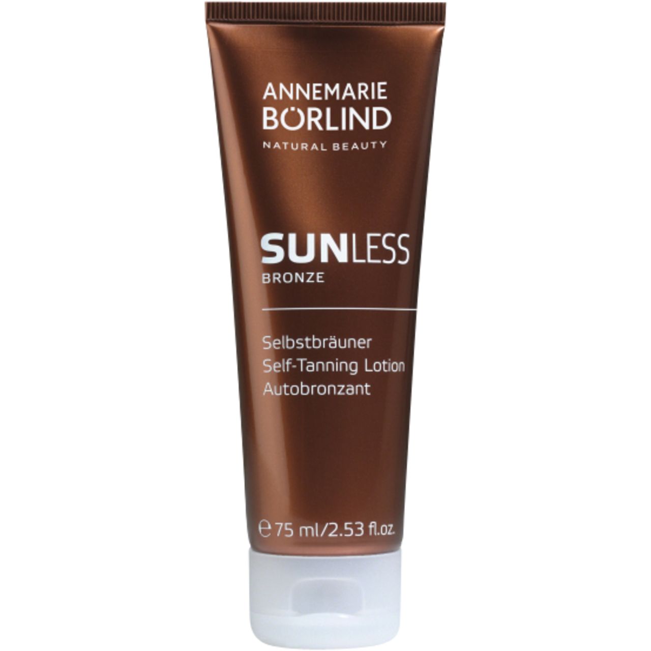 Braune Tube mit weißem Verschluss. Aufschrift: SUNLESS Bronze, Selbstbräuner. 75 ml.