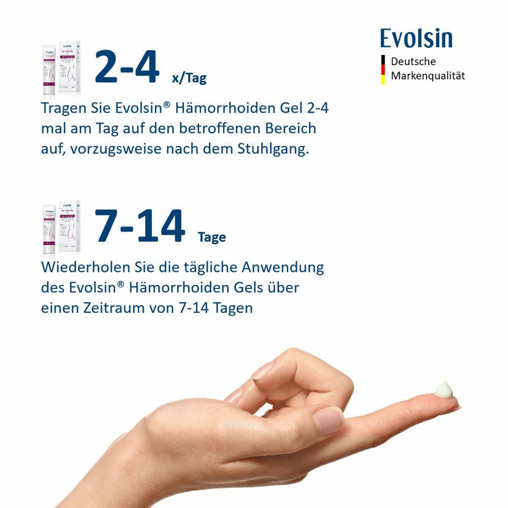Conseils d'utilisation : Appliquer Evolsin® Gel Hémorroïdes 2-4 fois par jour. Répéter l'application pendant 7-14 jours. Gel sur doigt.