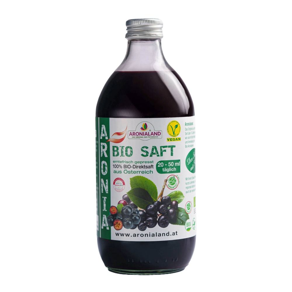 Flasche ARONIALAND Bio Aronia Direktsaft mit silbernem Verschluss. Dunkle Flüssigkeit, Etikett mit Aroniabeeren und Bio-Siegel.