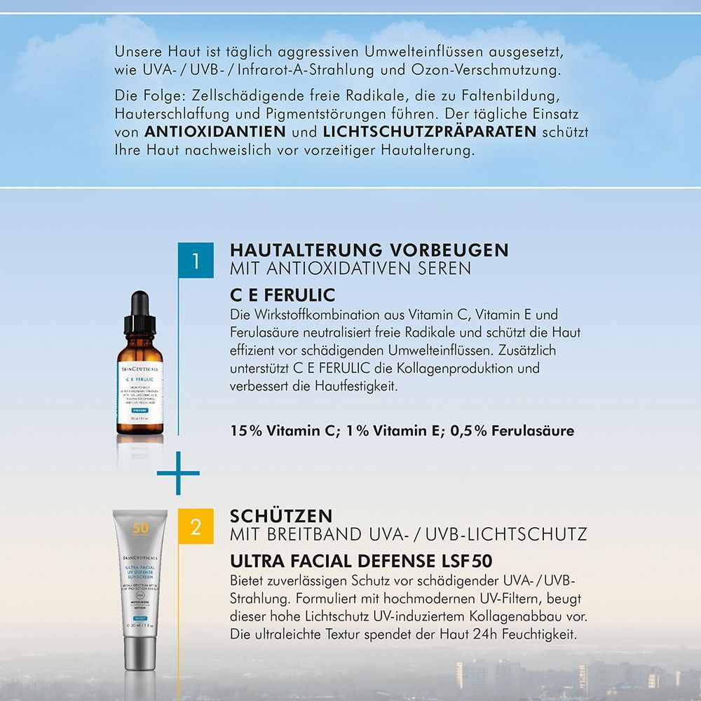 Infographie avec deux produits : Sérum C E Ferulic et Ultra Facial Defense SPF 50. Descriptions en allemand.