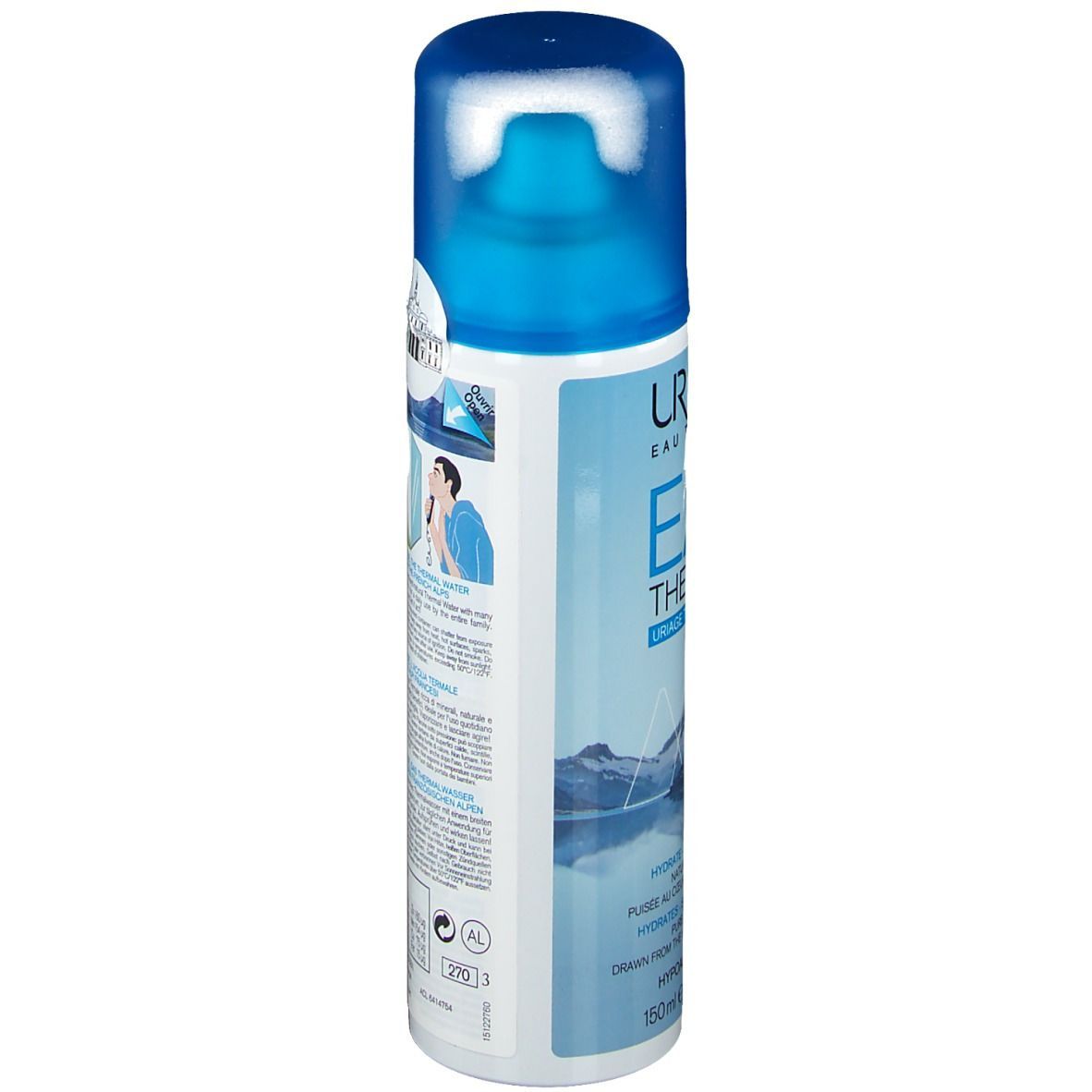 Spray Uriage Eau Thermale. Dos du flacon. Nom du produit, illustrations et texte. 150ml.