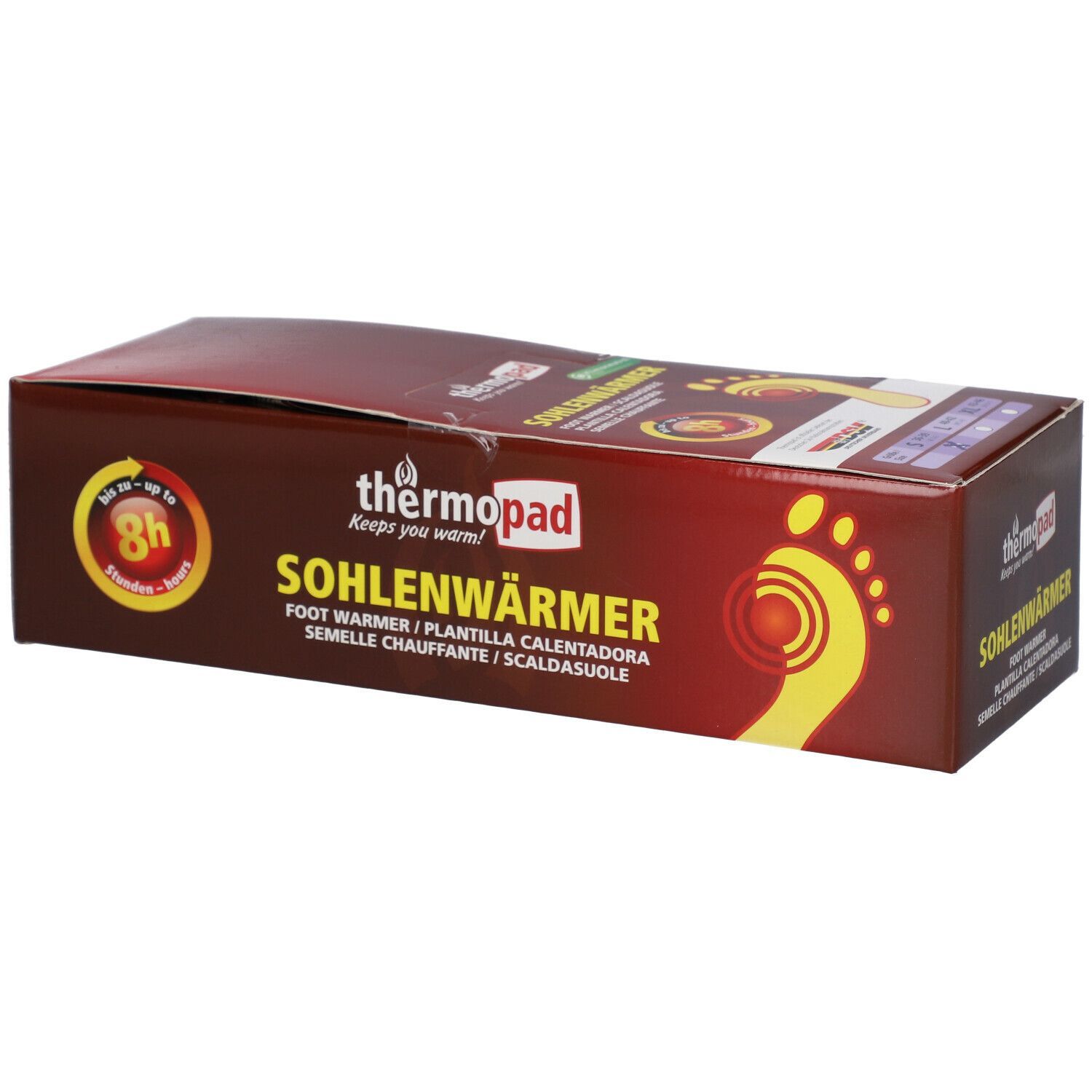 Braune Verpackung mit thermopad® Sohlenwärmer. Aufdruck: Sohlenwärmer, Fußabdruck, 8h Wärme. Logo und Produktbezeichnung.