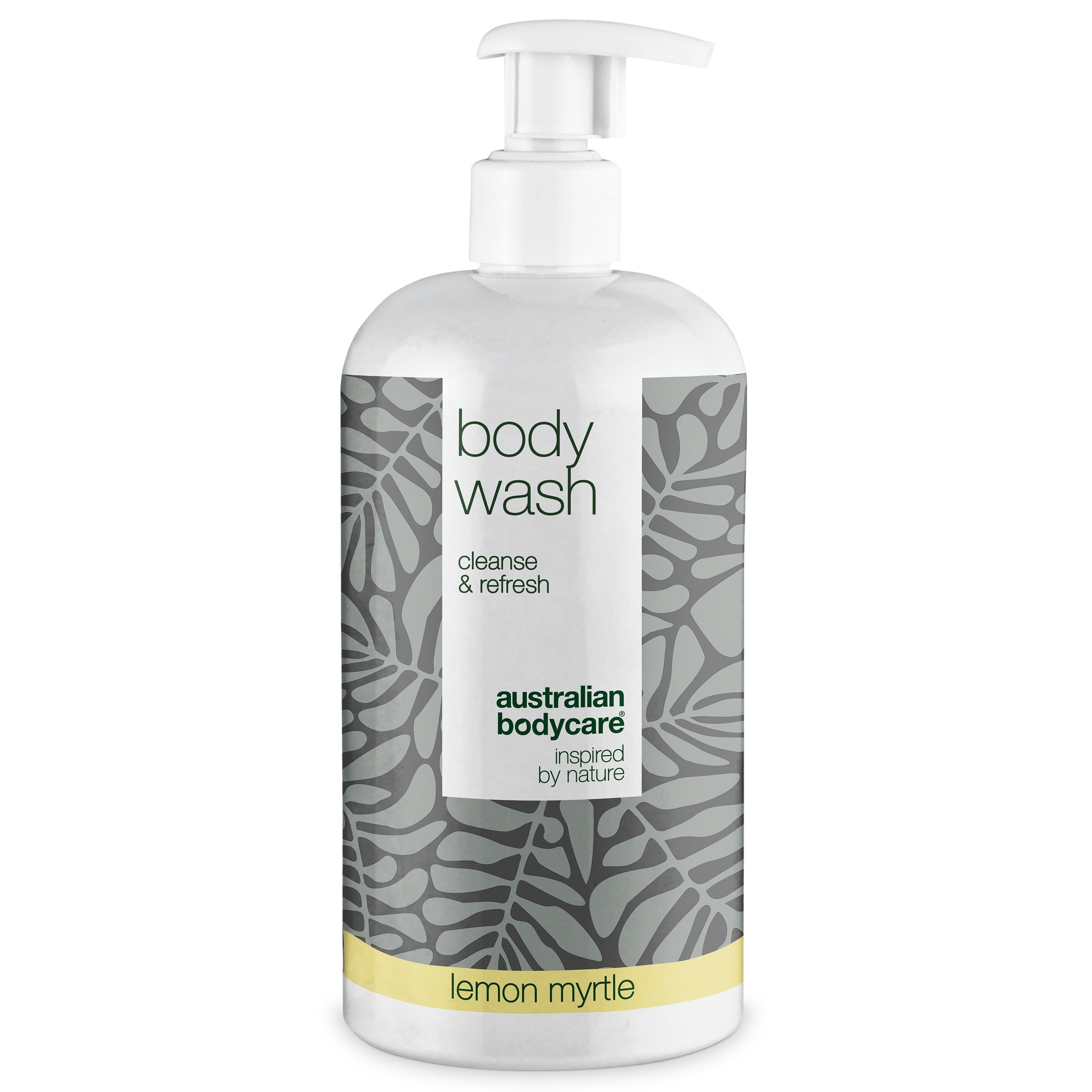Flacon blanc avec « body wash » et « australian bodycare ». Texte jaune : « lemon myrtle ».
