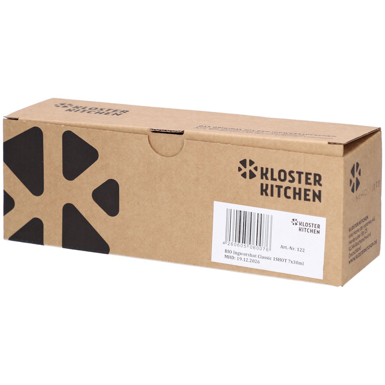 Braune Kartonverpackung mit dem Logo von Kloster Kitchen. Auf der Verpackung sind Informationen und ein Barcode abgebildet.
